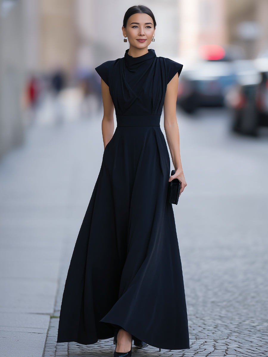 Black Draped Cap-Sleeve Maxi Dress With Defined Waist