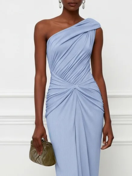 Light Blue Gathered Knit One Shoulder Sleeveless Bodycon Maxi Dress