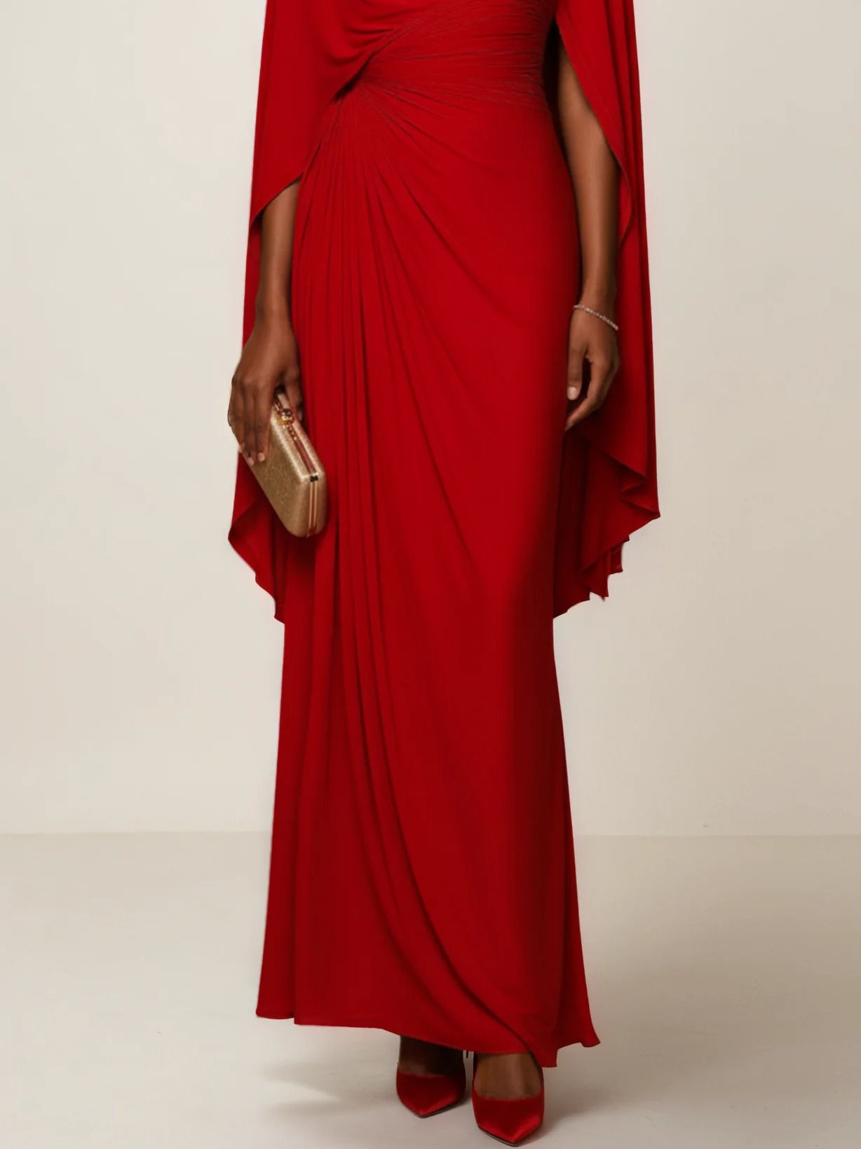 Red Ruched Knit Crew Neck Half Cape Sleeve Shift Maxi Dress