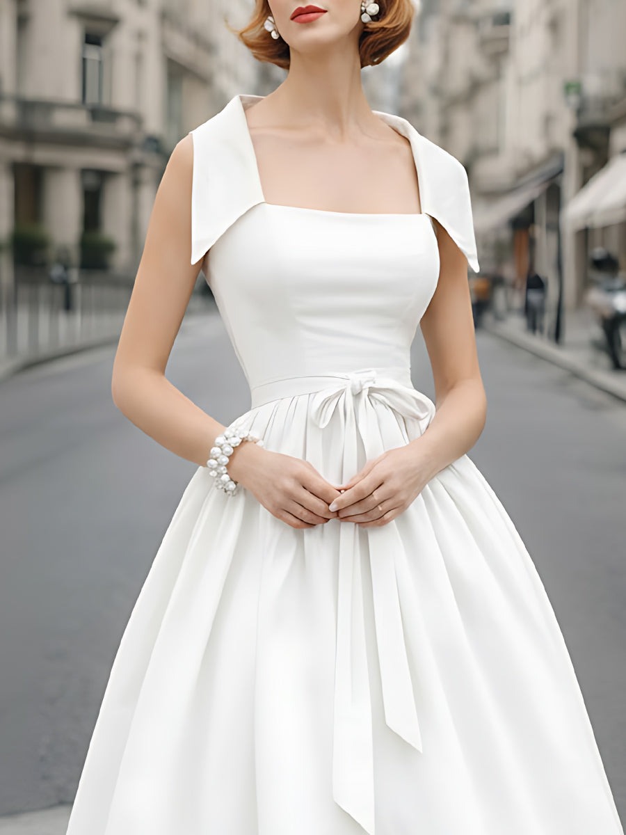 White Square-Neck A-Line Dress With Structured Shoulder Detail