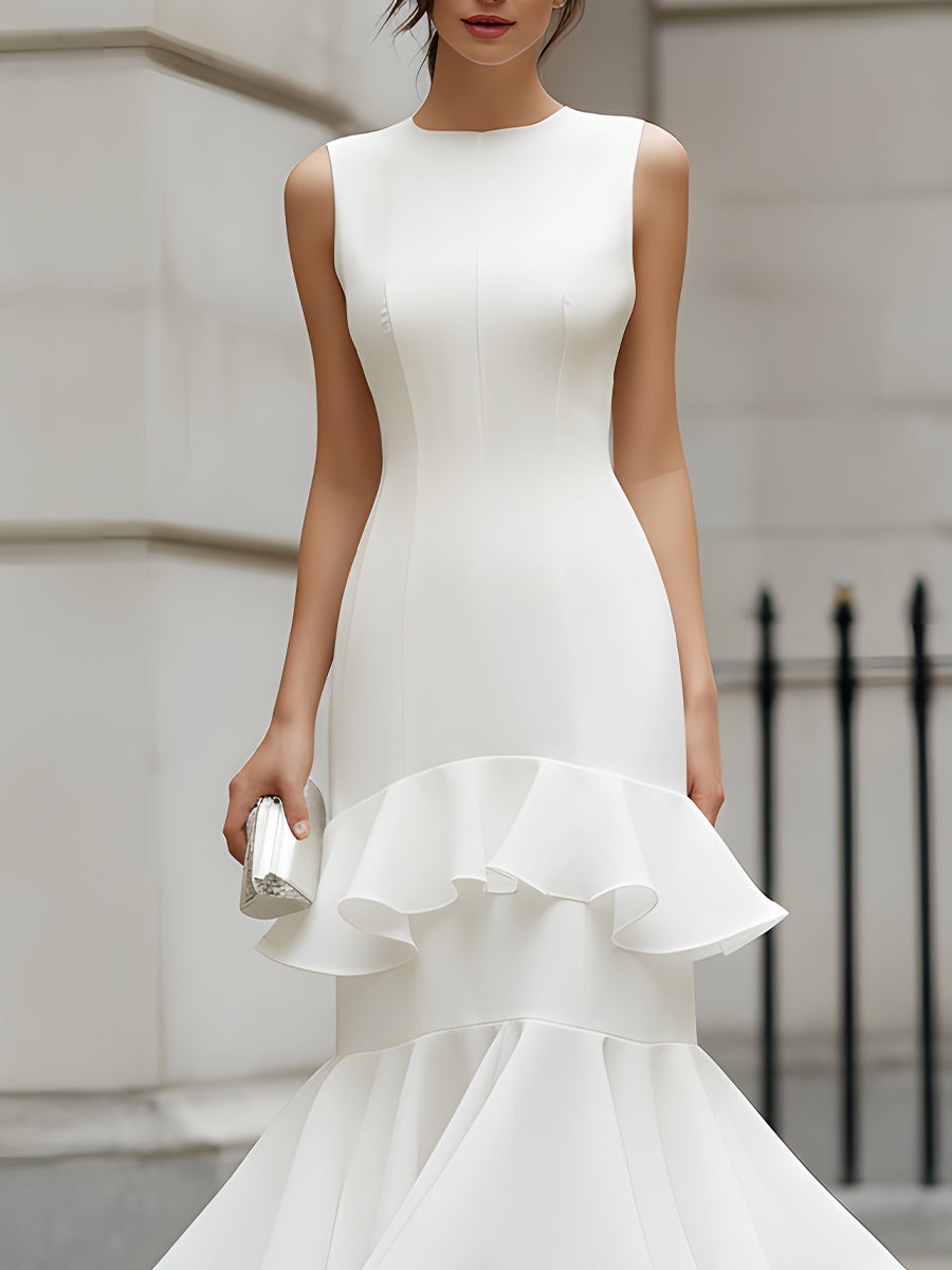 White Sleeveless Tiered Ruffle Midi Dress