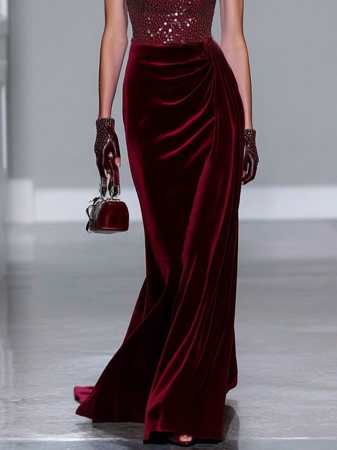 Burgundy Ruched Glitter Sequin Velvet Crew Neck Sleeveless Mermaid Gown Dress