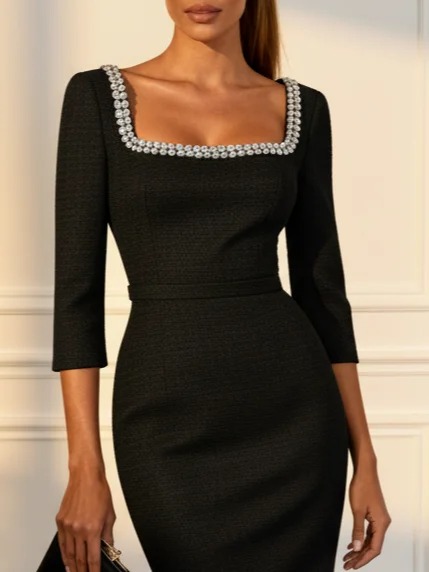 Black Rhinestone Classic Square Neck Half Sleeve Sheath Midi Dress