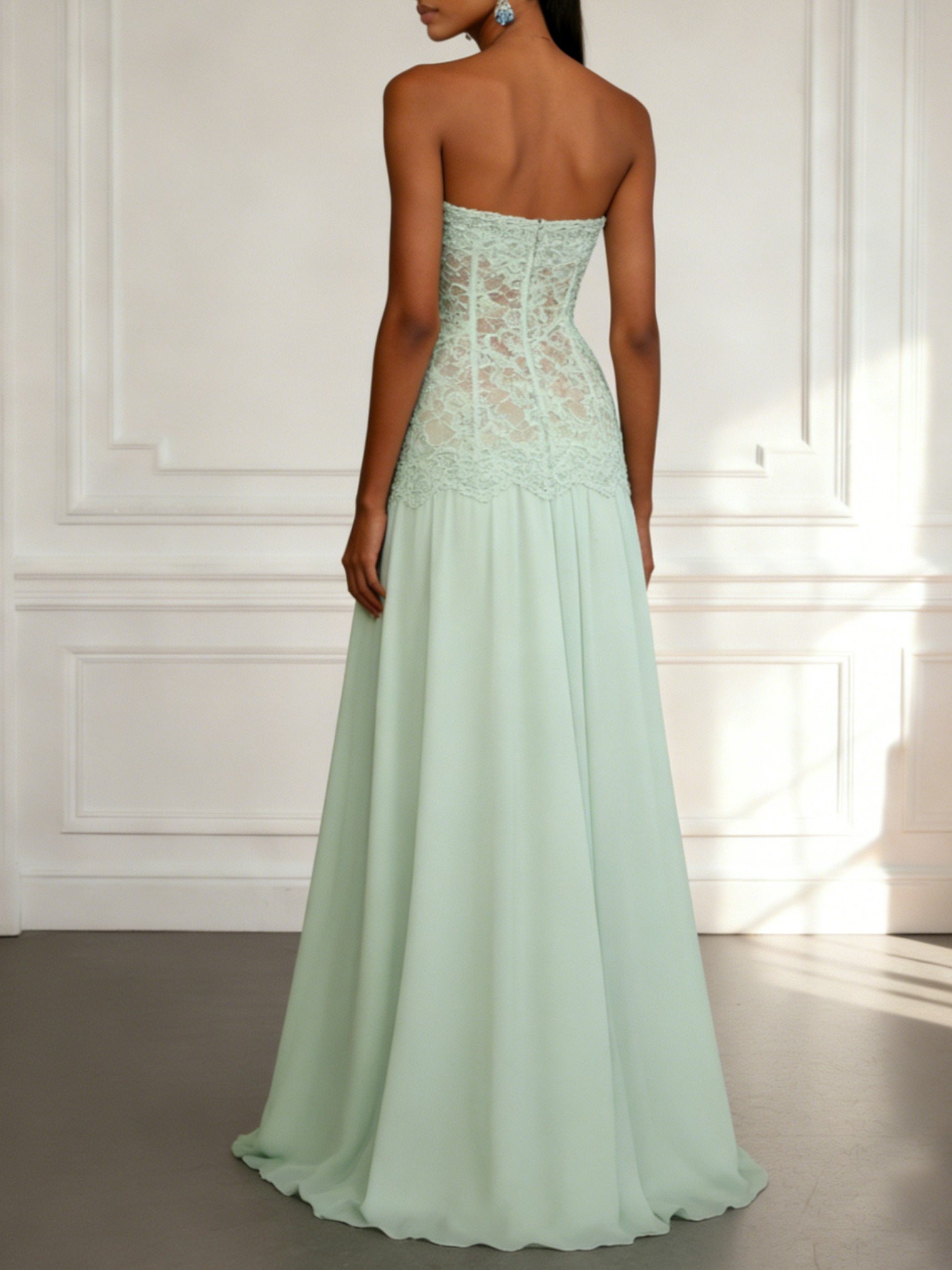 Light Green Lace Chiffon Strapless Sleeveless A-Line Maxi Dress