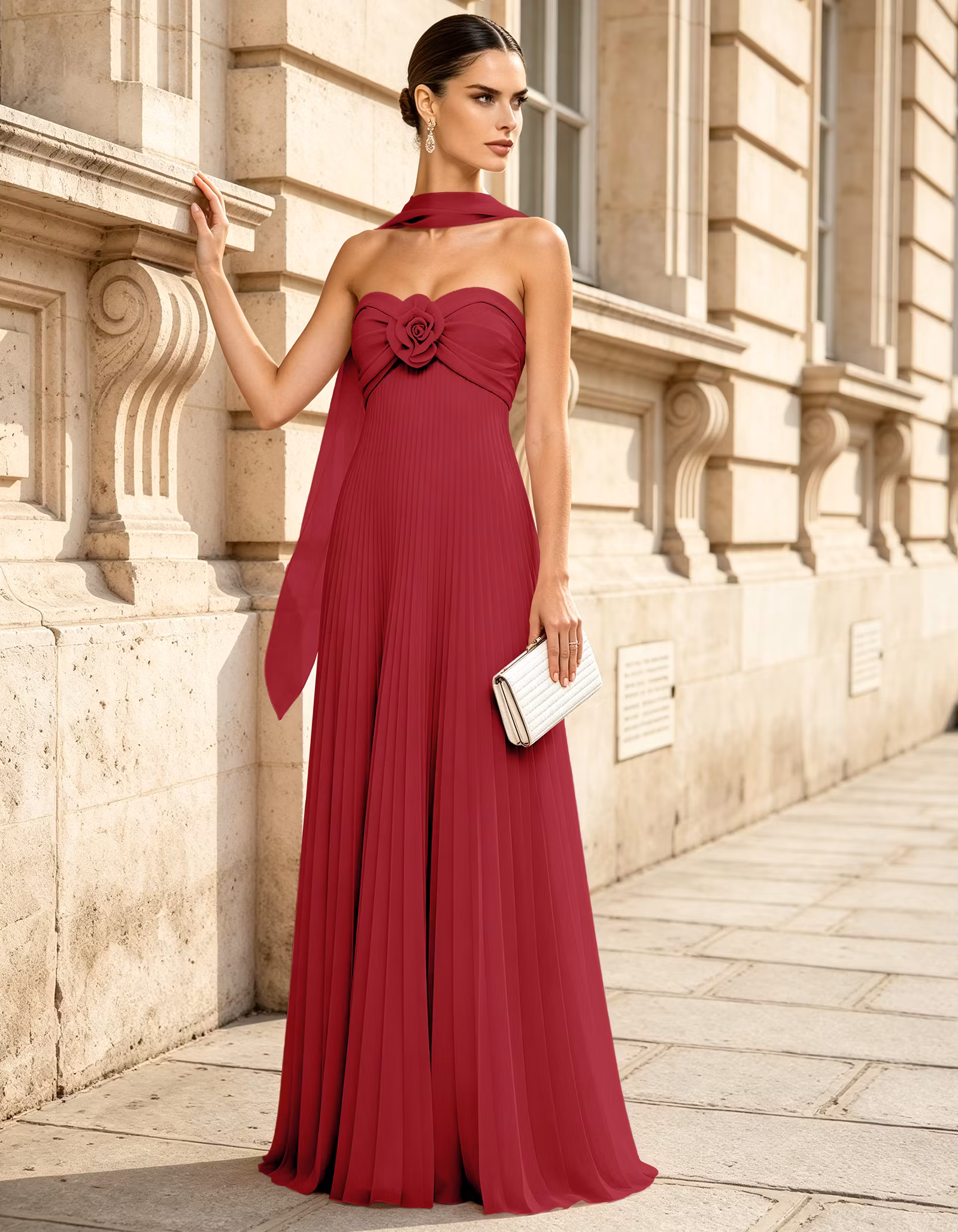 Floral Applique Chiffon Pleated Trailing Drape Maxi Dress
