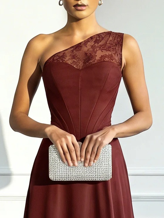 Burgundy Satin One Shoulder Sleeveless A-Line Maxi Dress