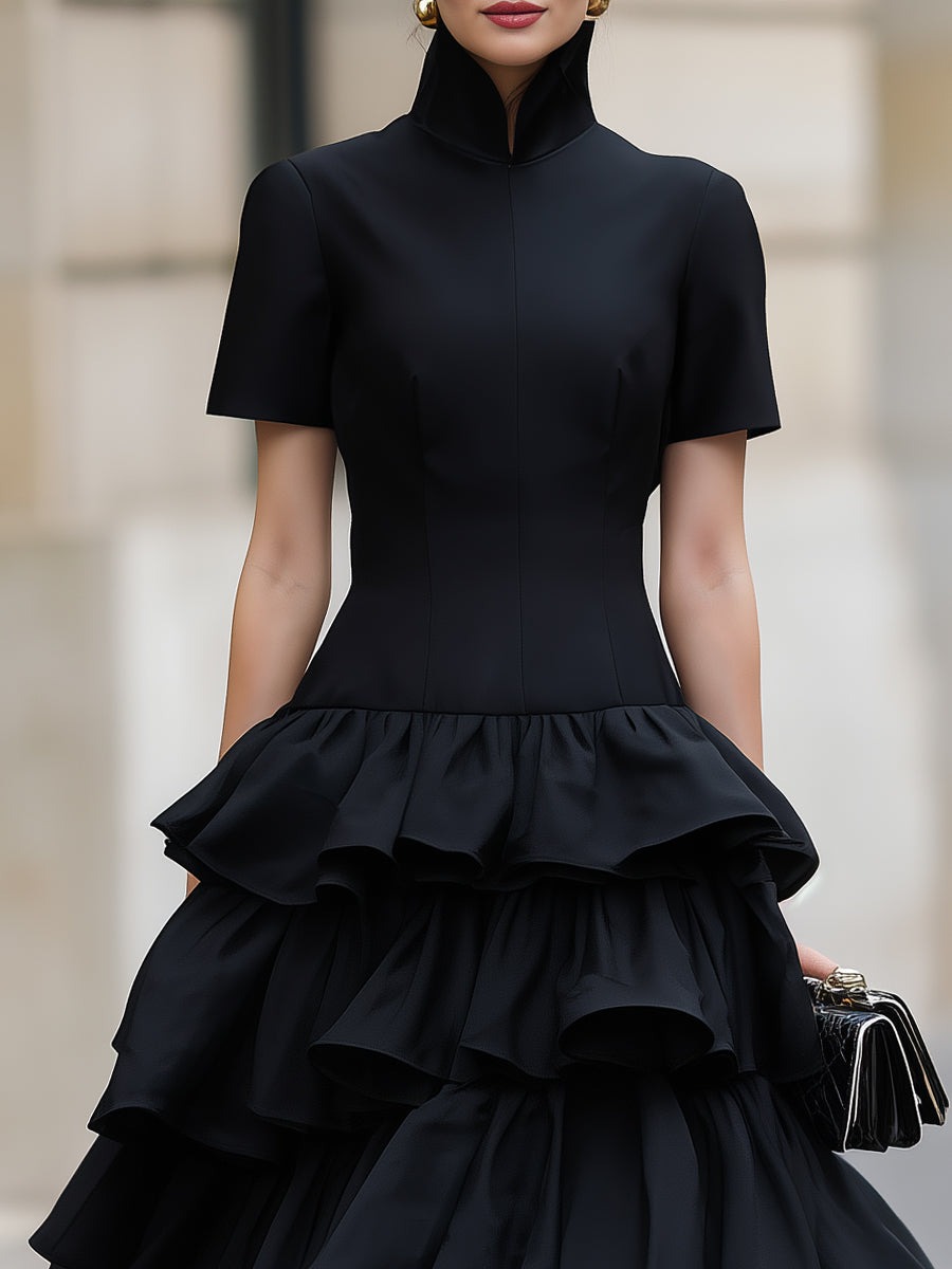 Black High Neck Tiered Ruffle Midi Dress
