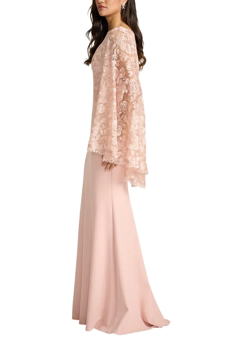 Bateau Neck Lace Cape Overlay Evening Gown