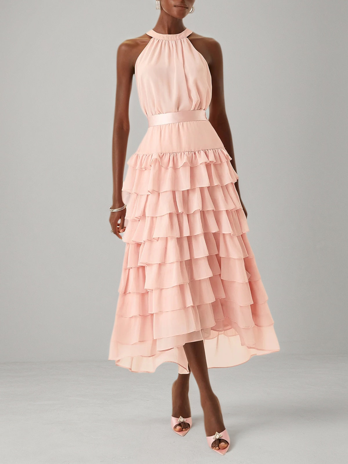 Pink Peplum Tiered Chiffon Halter Sleeveless A-Line Maxi Two-piece Dress