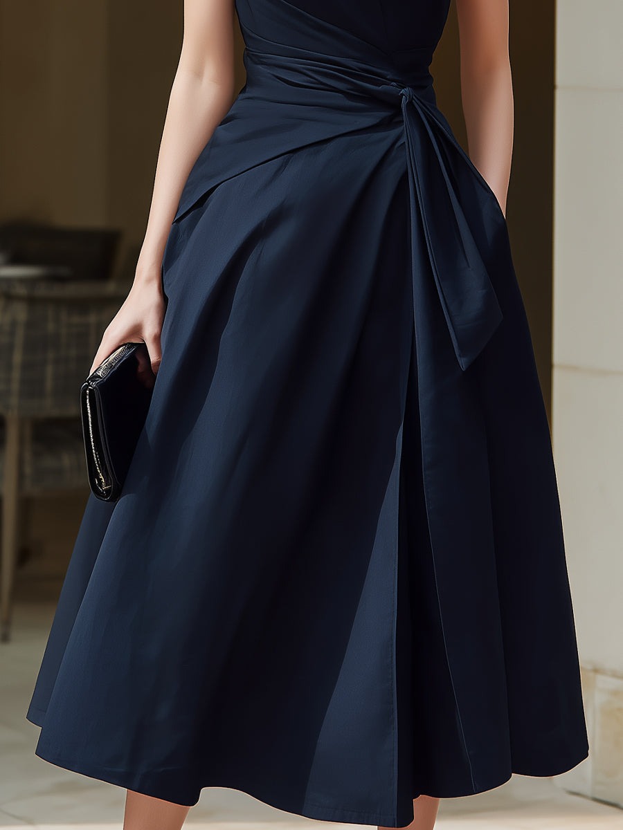 Navy Blue Sleeveless Wrap Midi Dress With Structured Stand Collar