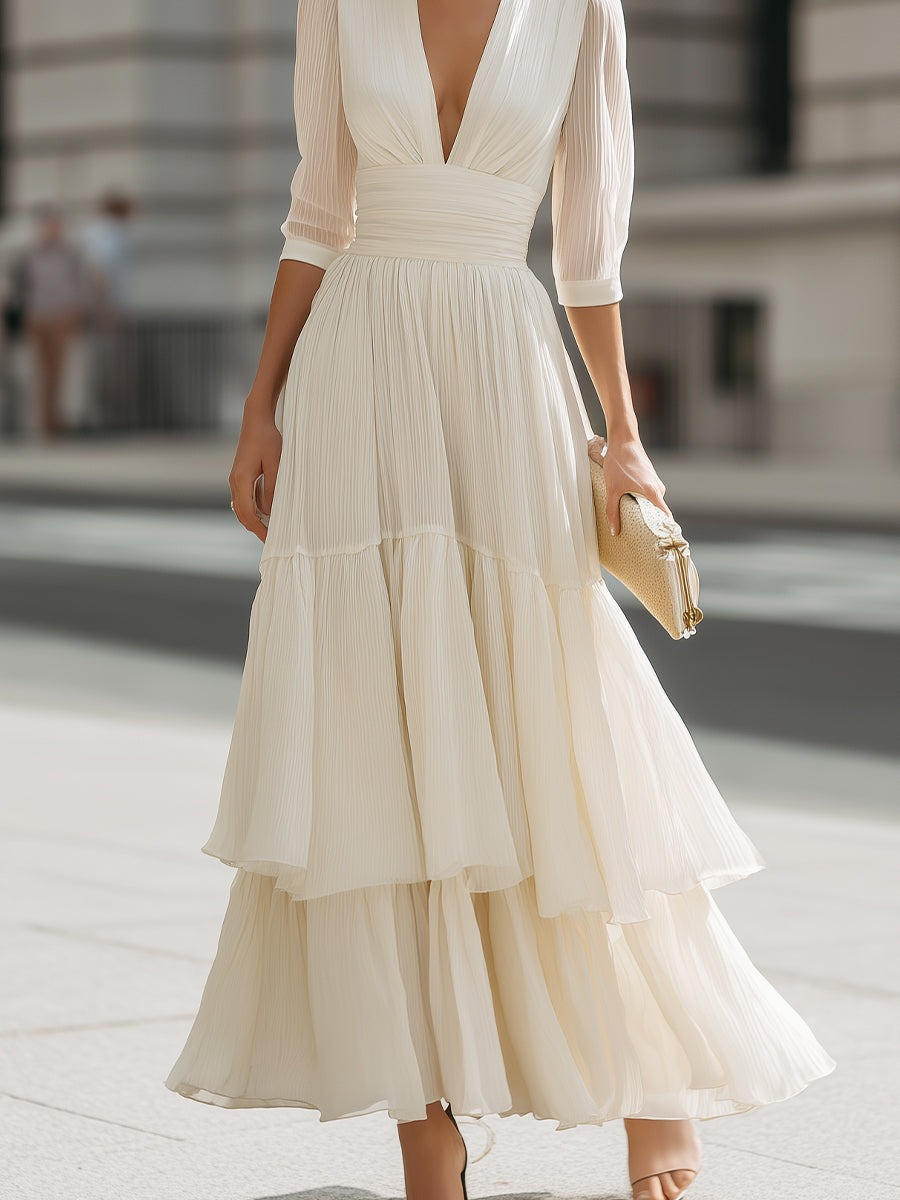 Ivory V-Neck Pleated Tiered Maxi Dress