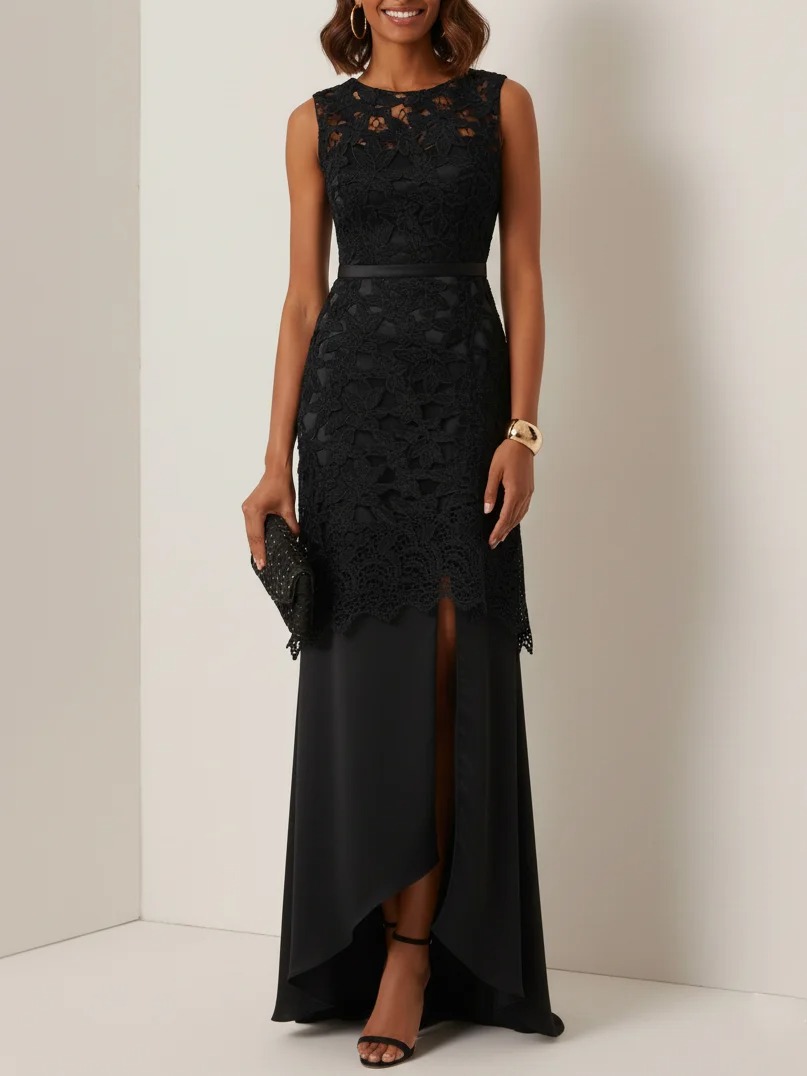 Black Lace Split Joint Classic Boat Neck Sleeveless Mermaid Gown Dress