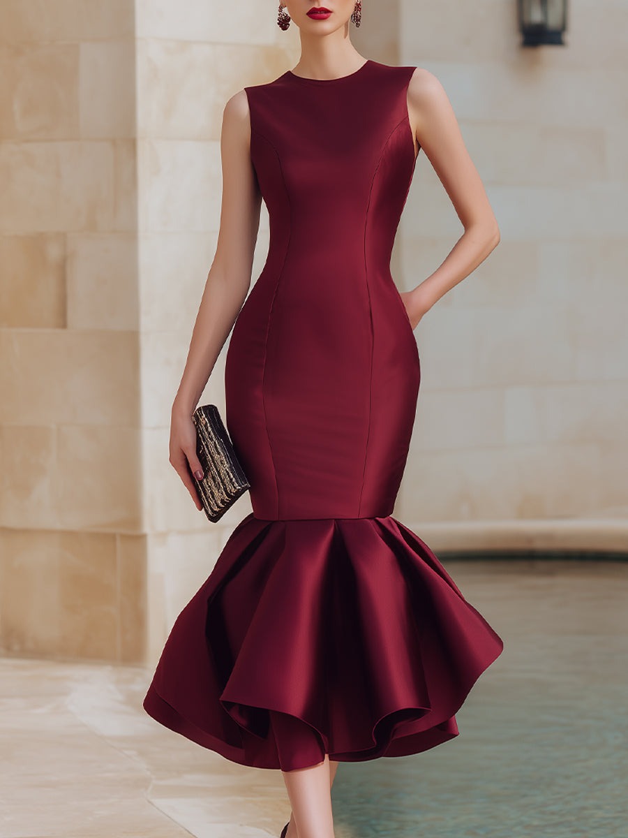 Burgundy Sleeveless Mermaid Hem Midi Dress