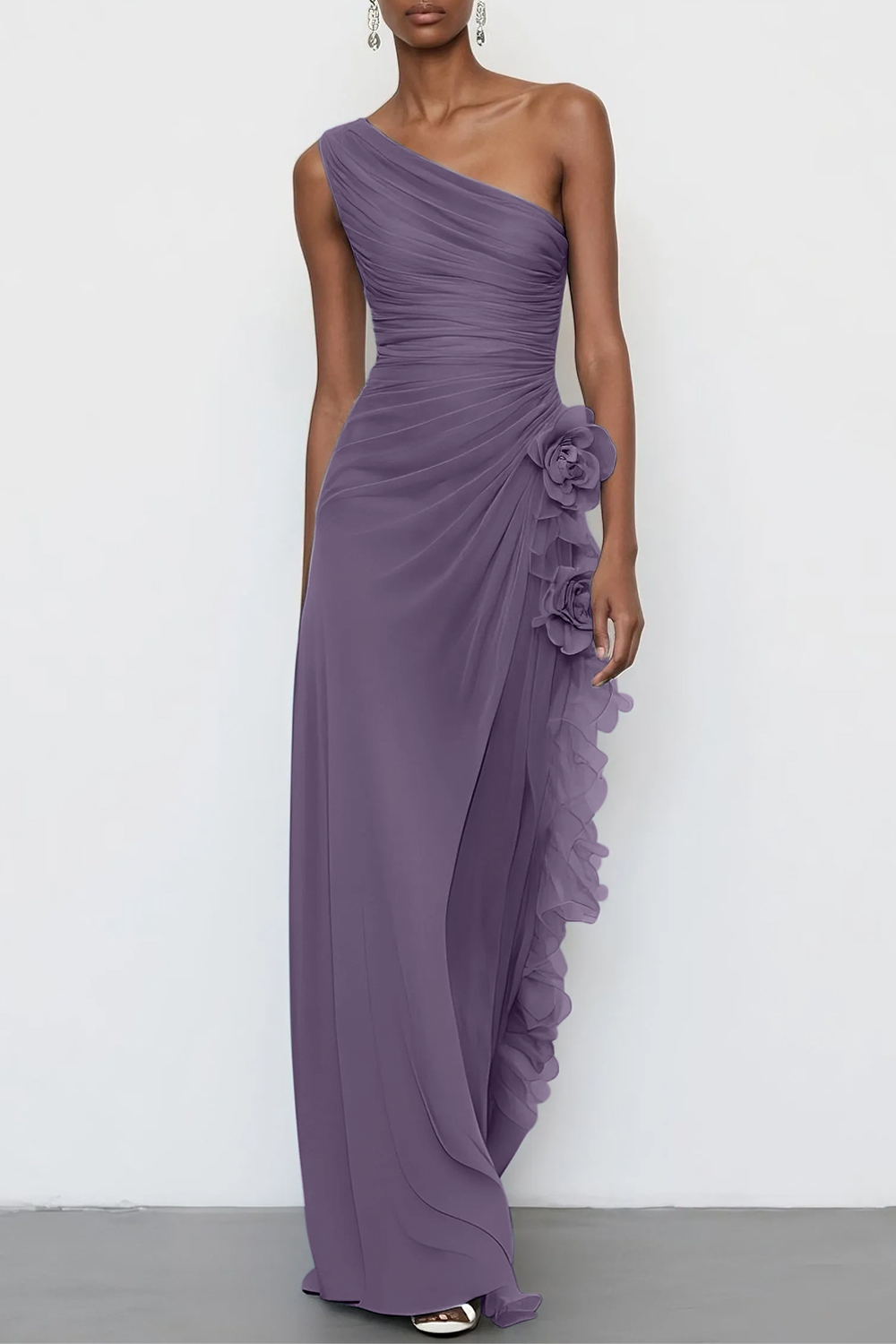 Light Blue 3D Floral Chiffon One Shoulder Sleeveless Sheath Maxi Dress