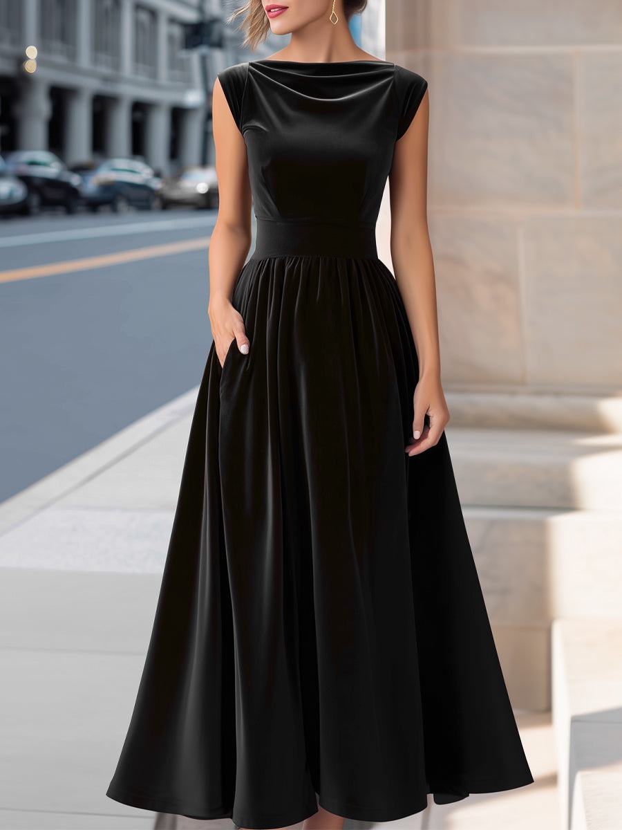 Black Velvet Boat-Neck Sleeveless A-Line Evening Gown
