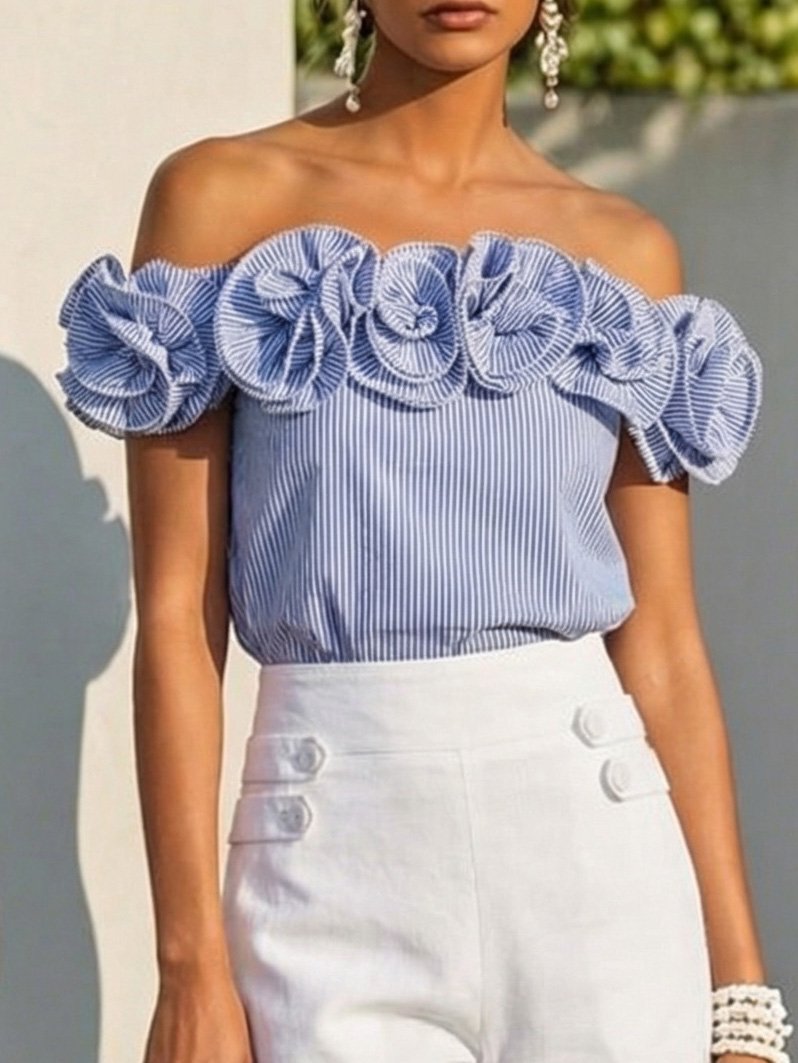 French Vintage Linen Off-Shoulder Floral Blouse