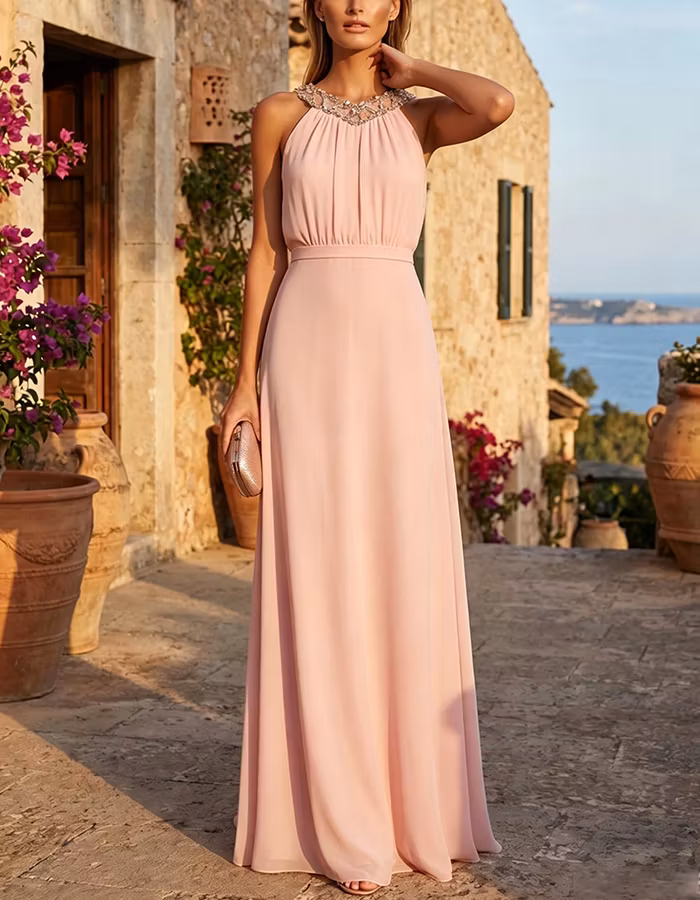 Light Pink Halter Neck Ruched Chiffon A-Line Maxi Dress