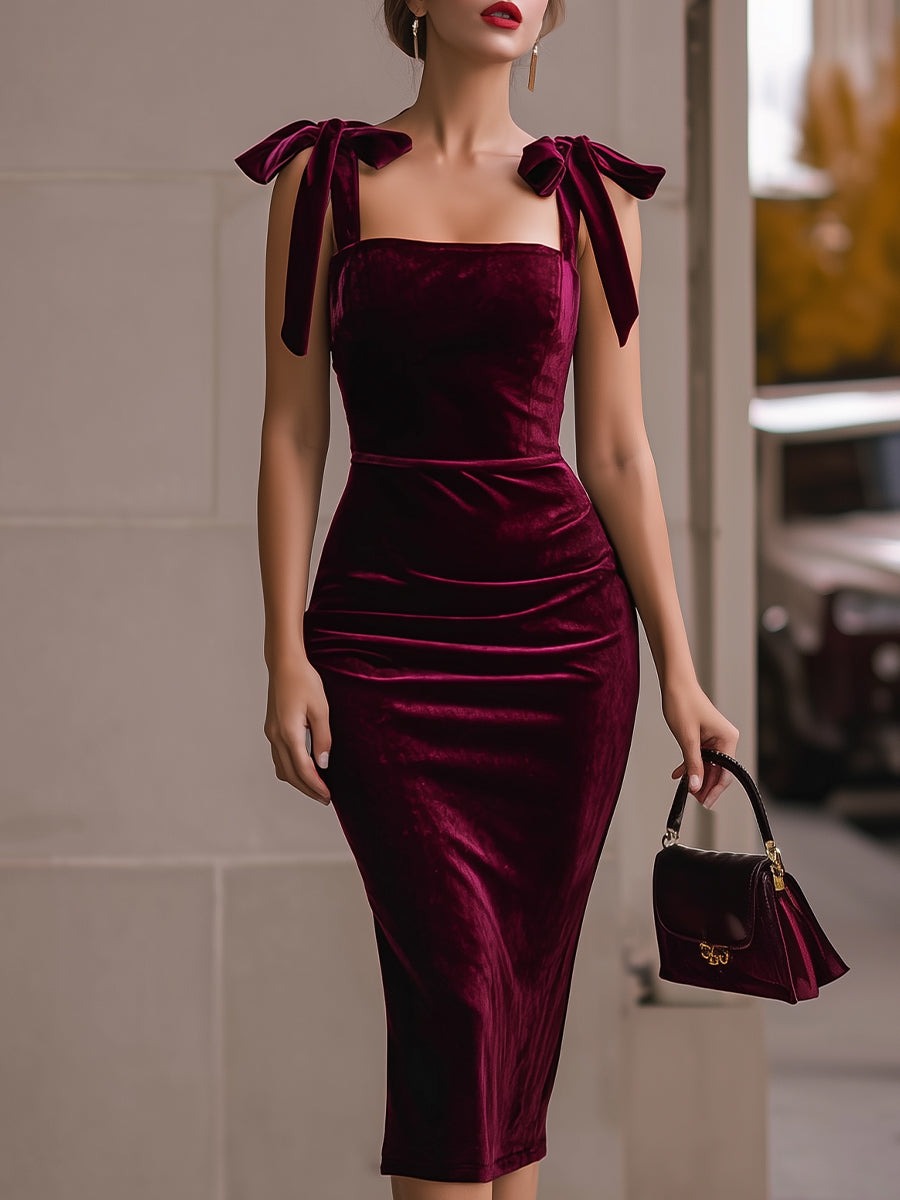 Burgundy luxury Burgundy Velvet Tie-Shoulder Midi Dress