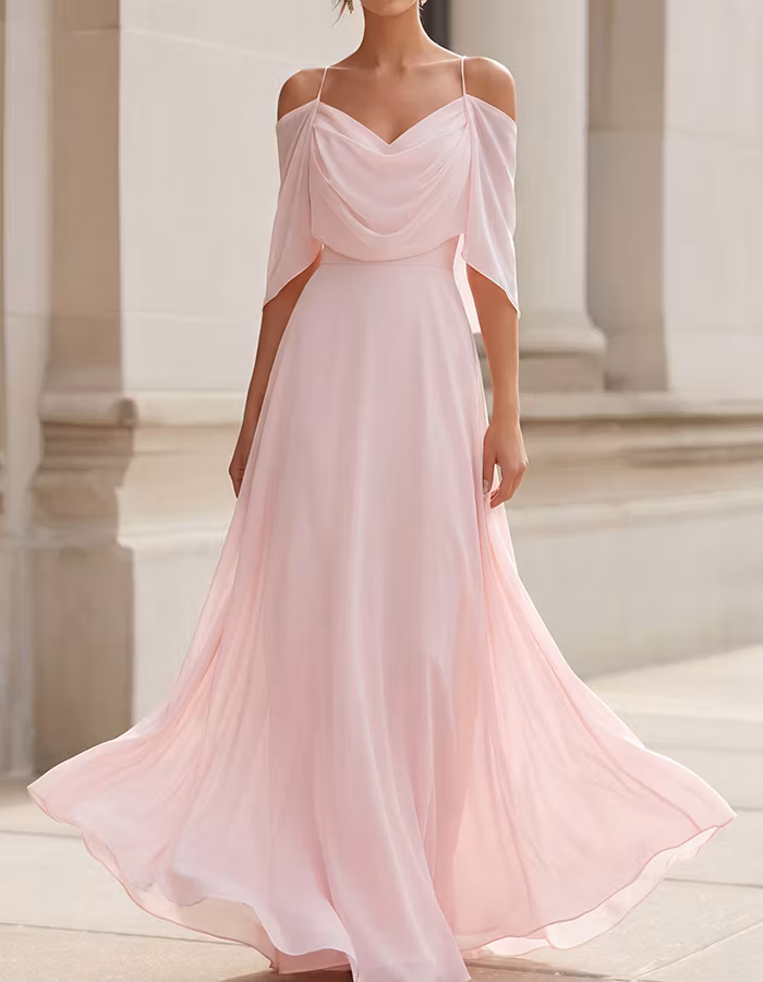 Blush Pink Off-the-Shoulder Cowl Neck Chiffon Maxi Dress