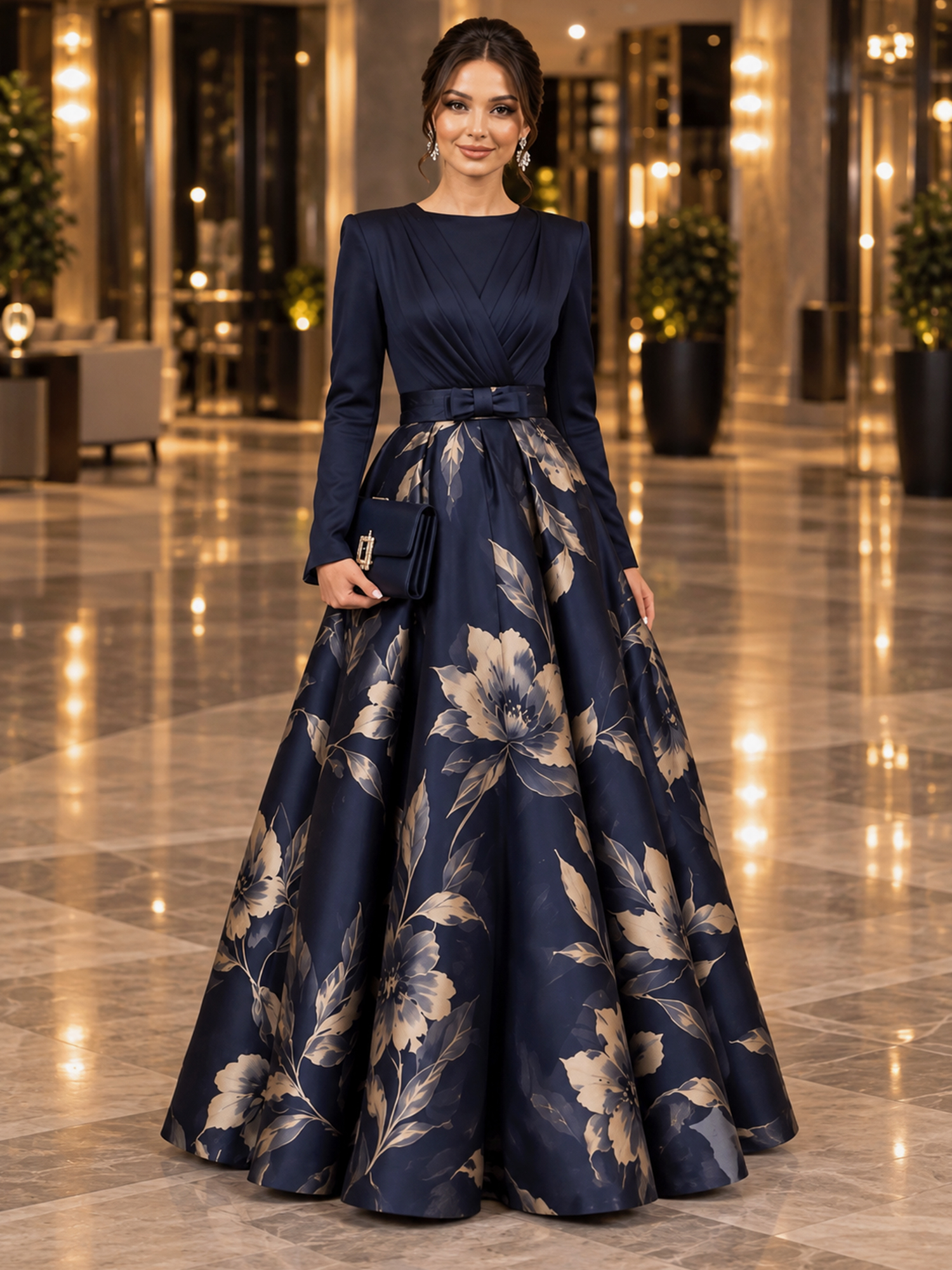 Long Sleeve Floral Print A-Line Evening Gown
