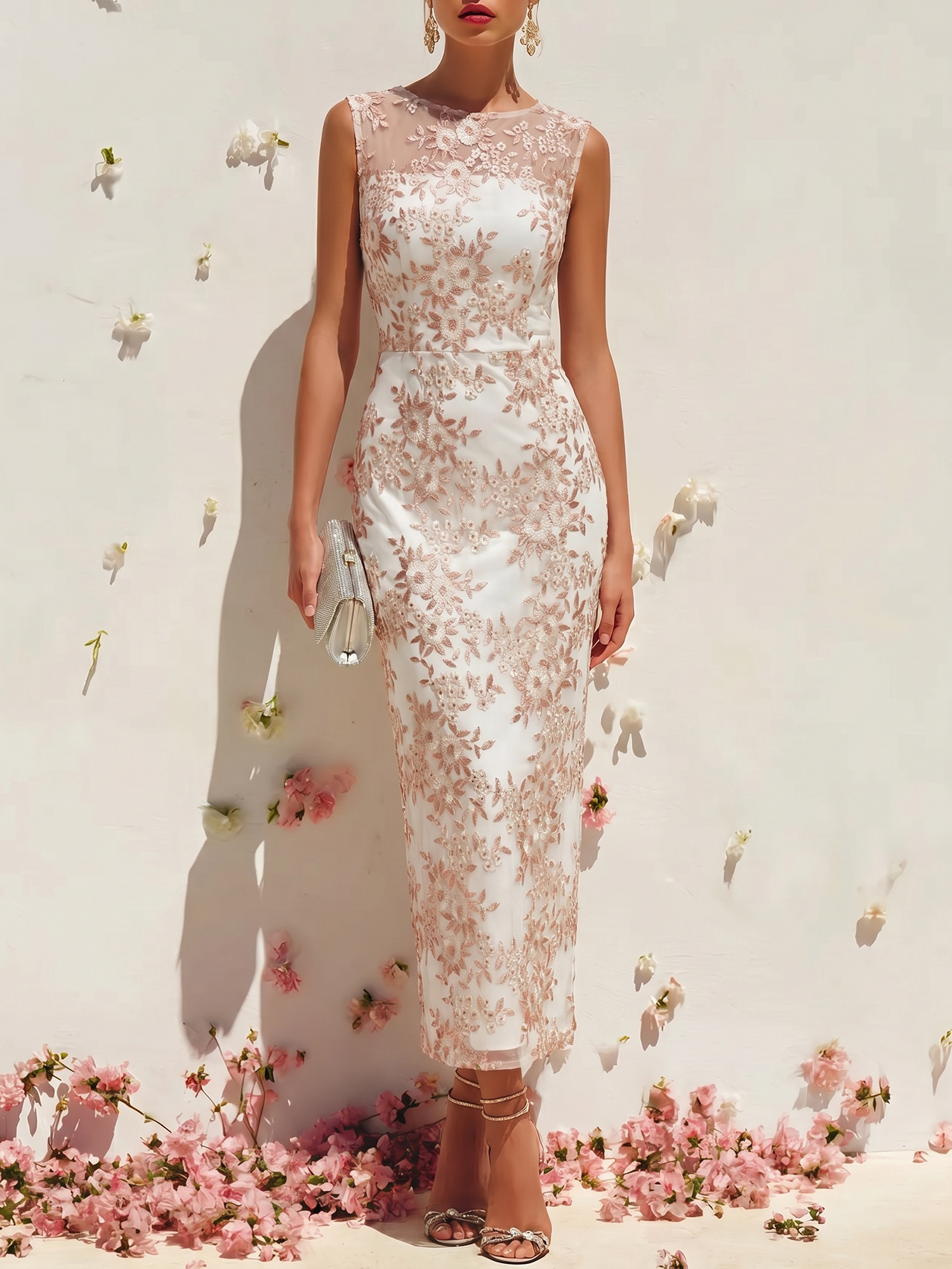 Elegant Sheath Floral Embroidered Midi Dress