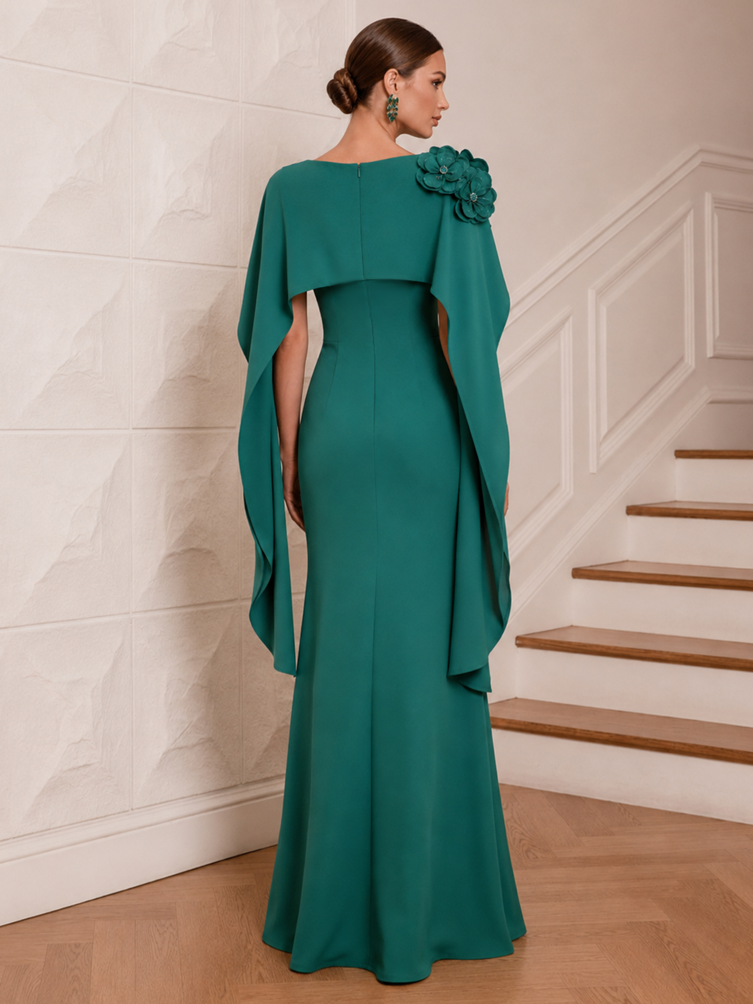 Cape Sleeve 3D Flower Mermaid Evening Gown