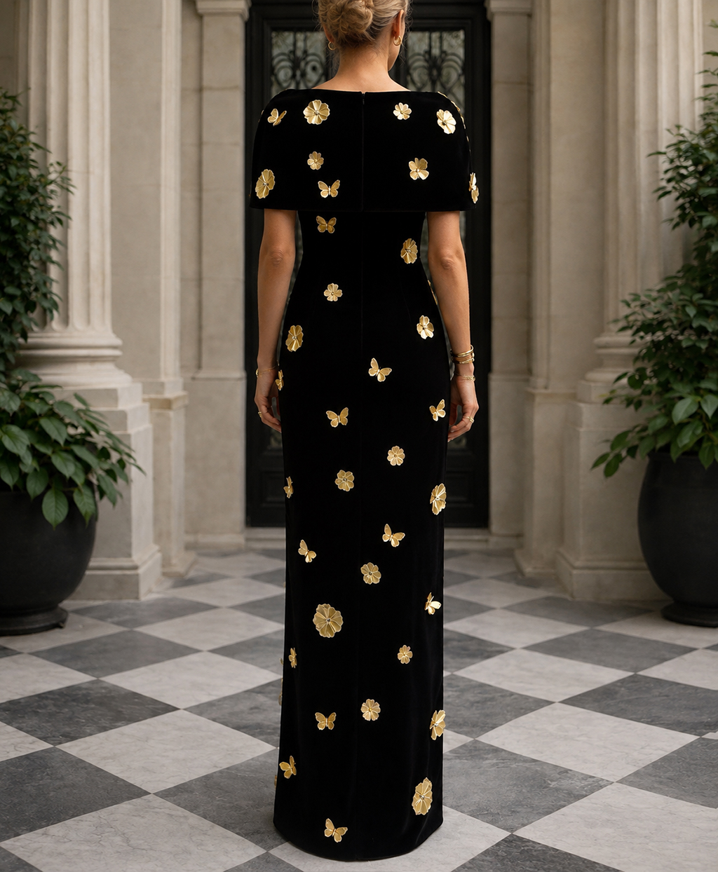 Velvet Gold Floral Applique Long Evening Dress