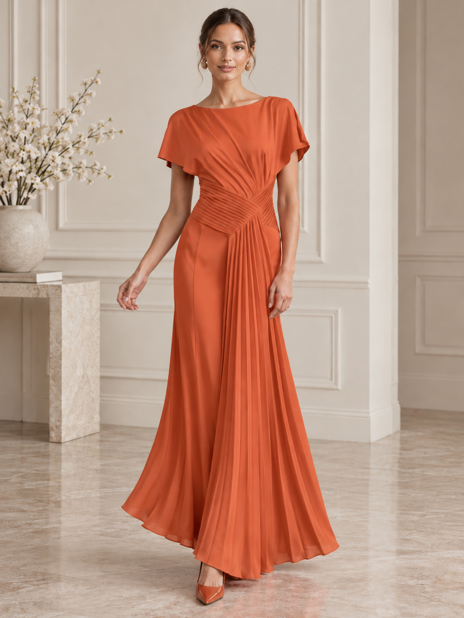Draped Bodice Pleated Crepe Midi Dress