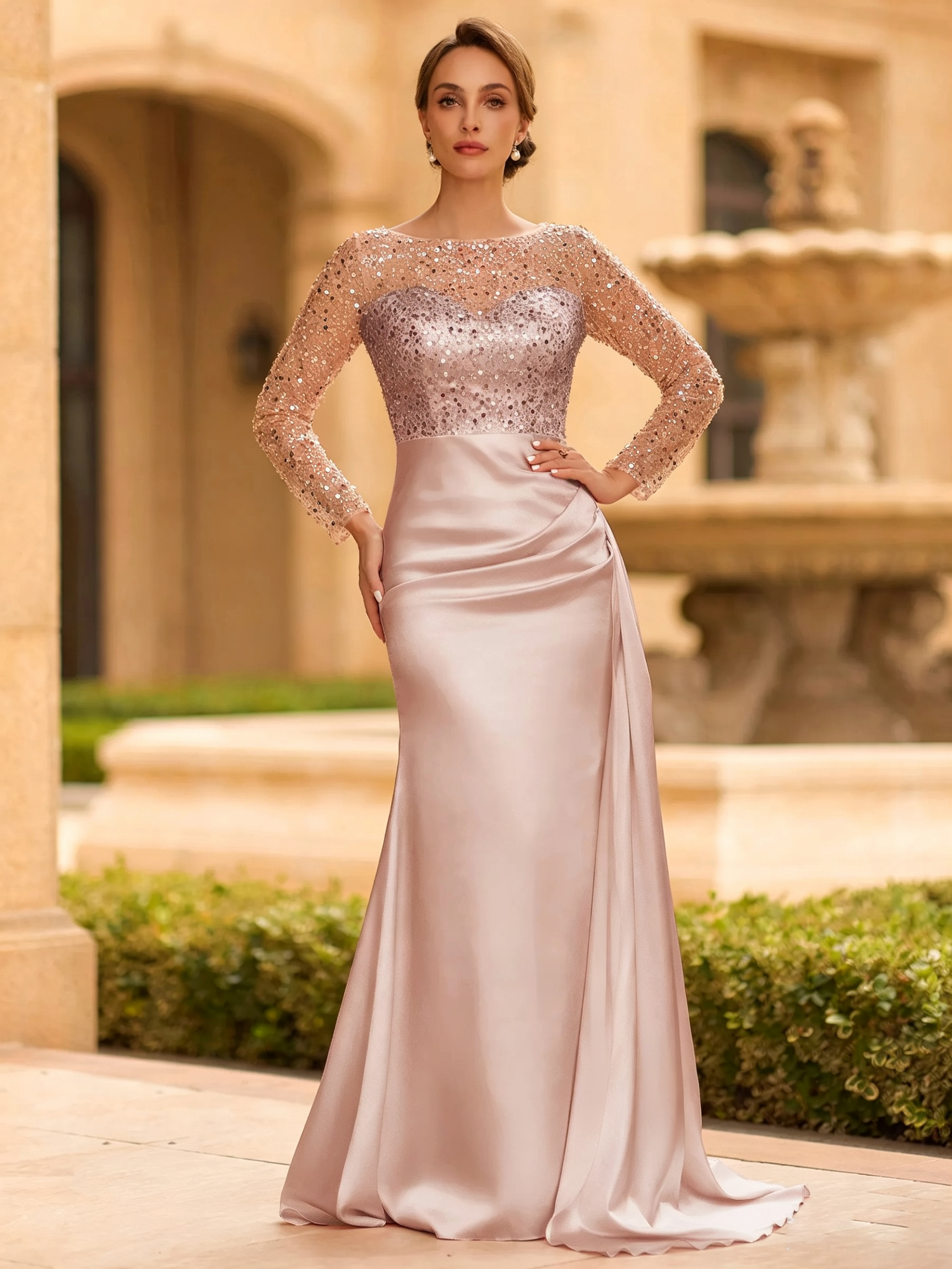 Sophisticated Sheath Scoop Long Sleeves Sequin Floor-Length Silk Like Satin Mother of the Bride Dress
