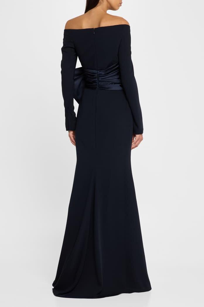 Solid Bow Long Sleeve Off-Shoulder Maxi Dress