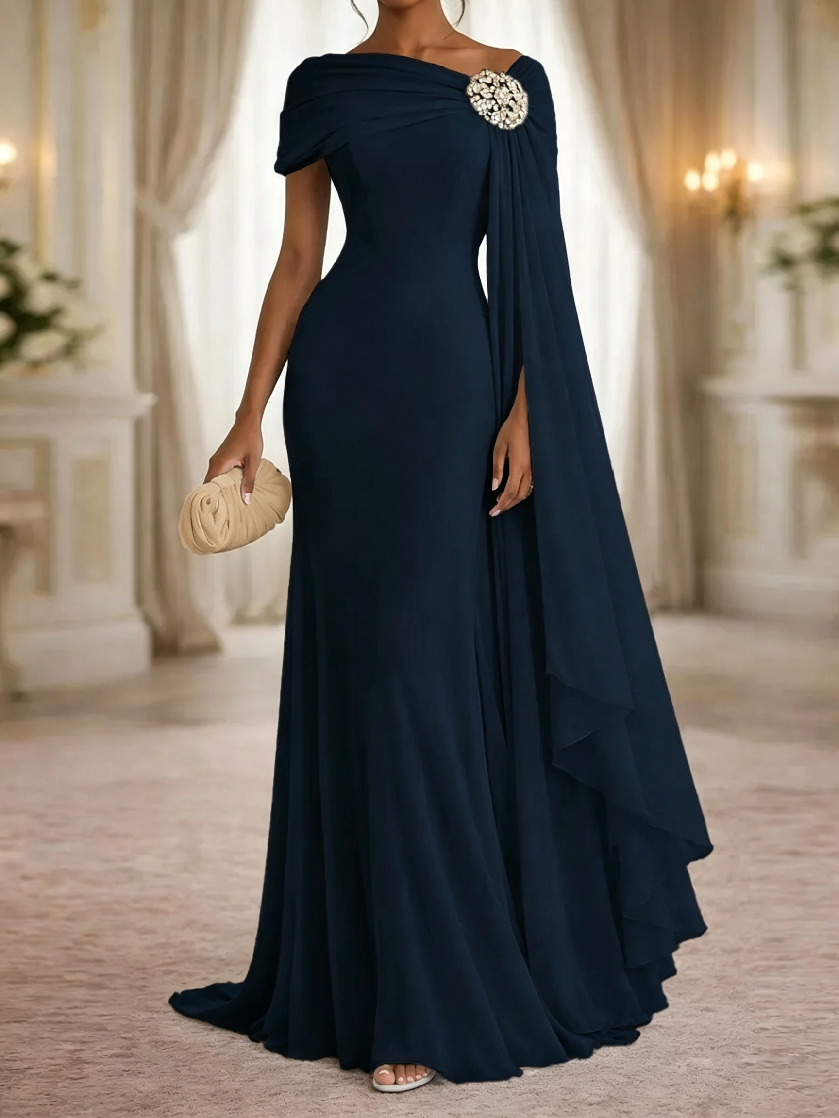 Stunning Sheath One-Shoulder Rhinestone Sweep Train Chiffon Corset Mother of the Bride Dress