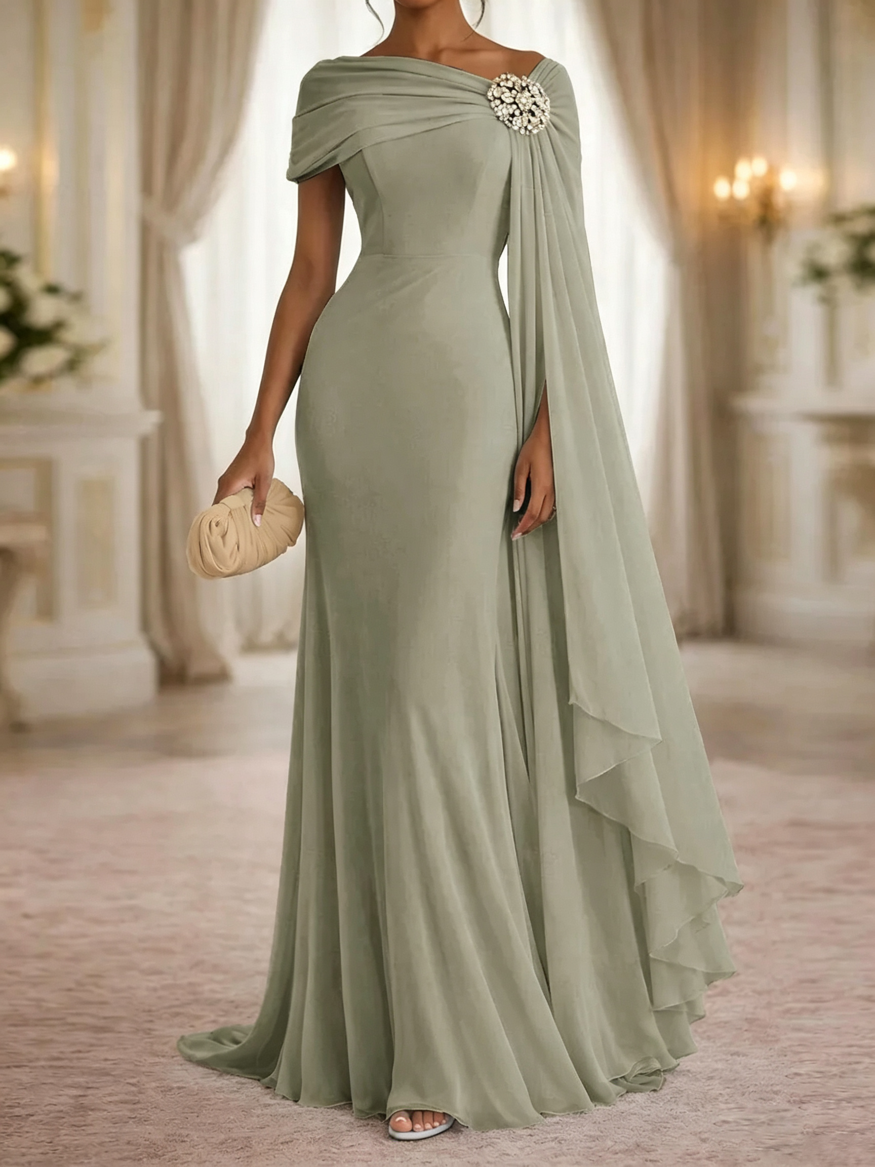 Stunning Sheath One-Shoulder Rhinestone Sweep Train Chiffon Corset Mother of the Bride Dress