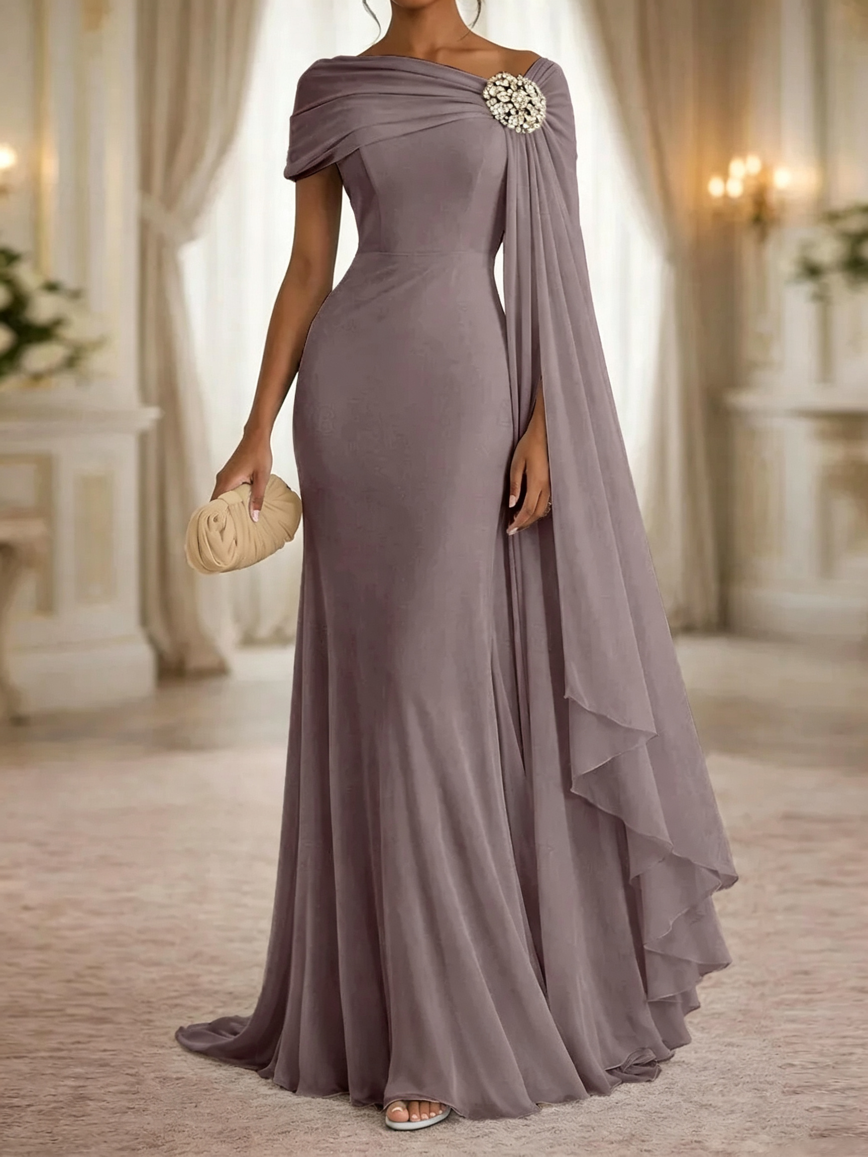 Stunning Sheath One-Shoulder Rhinestone Sweep Train Chiffon Corset Mother of the Bride Dress