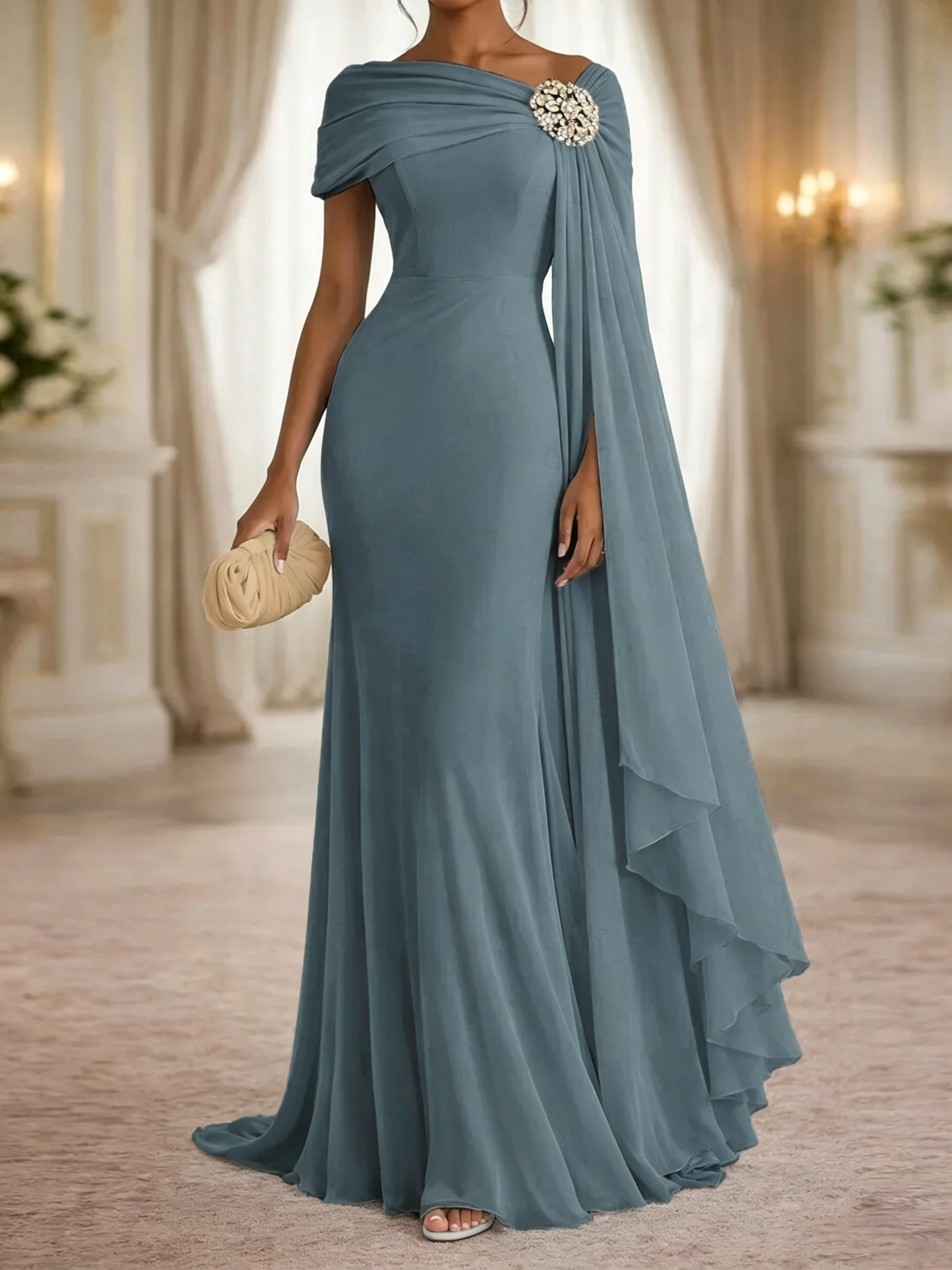 Stunning Sheath One-Shoulder Rhinestone Sweep Train Chiffon Corset Mother of the Bride Dress