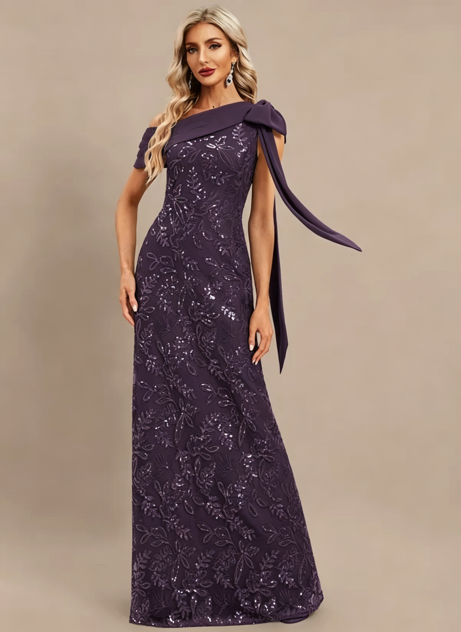 Plum Sheath/Column One Shoulder Pleated Lace Dress