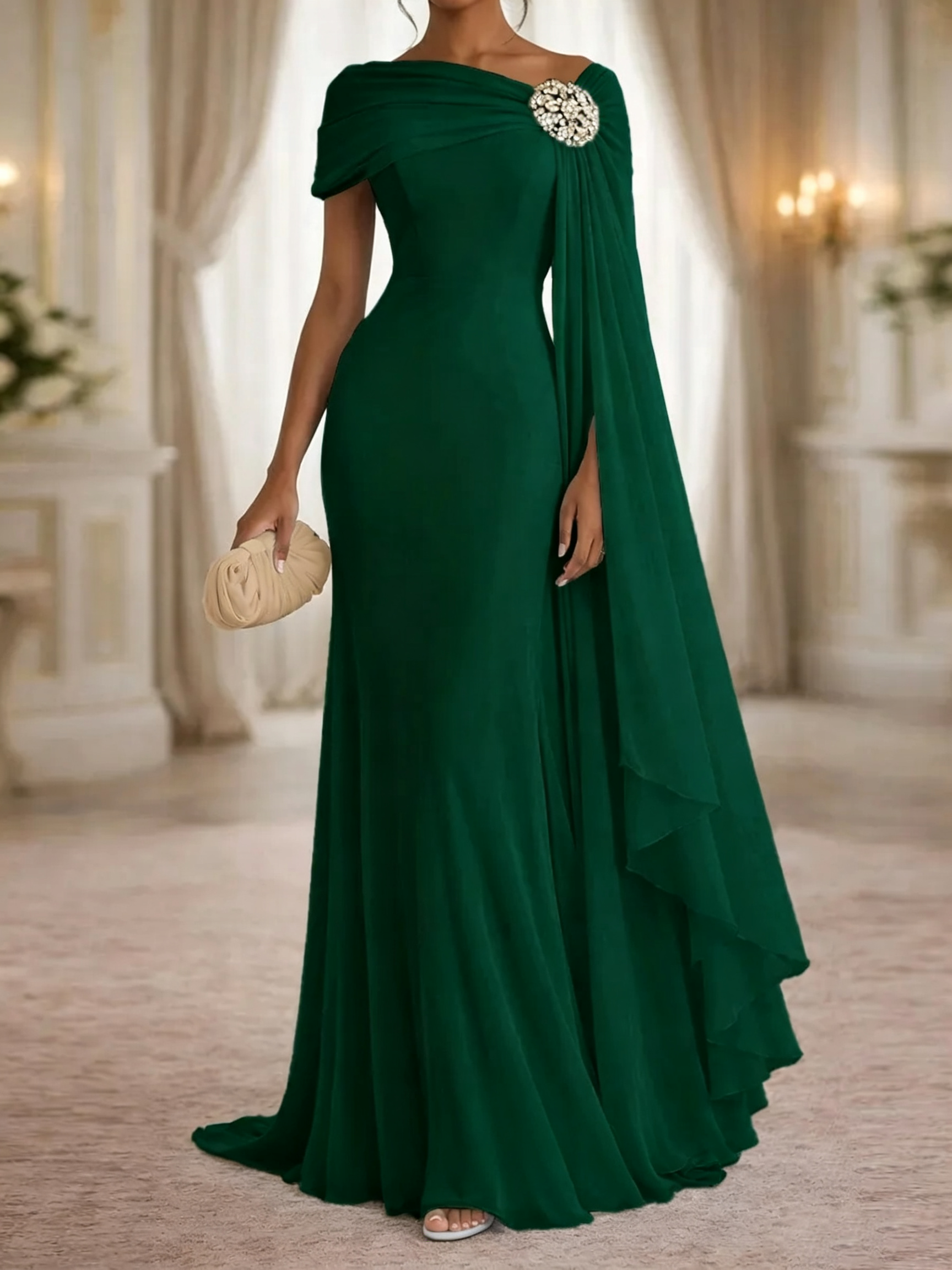 Stunning Sheath One-Shoulder Rhinestone Sweep Train Chiffon Corset Mother of the Bride Dress