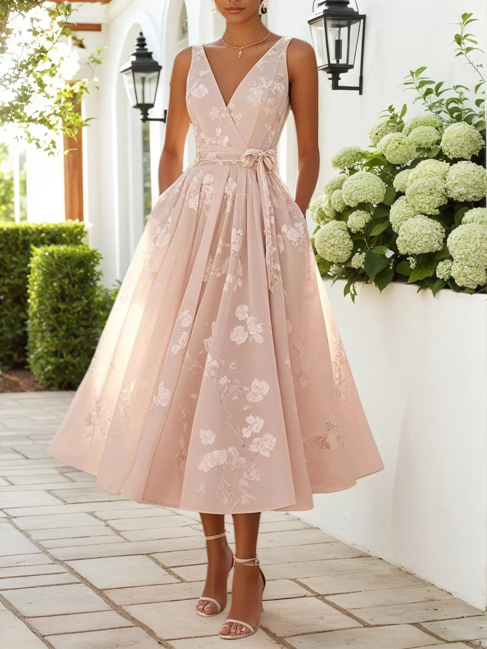 Light Pink Embroidered V Neck Sleeveless A-Line Midi Dress