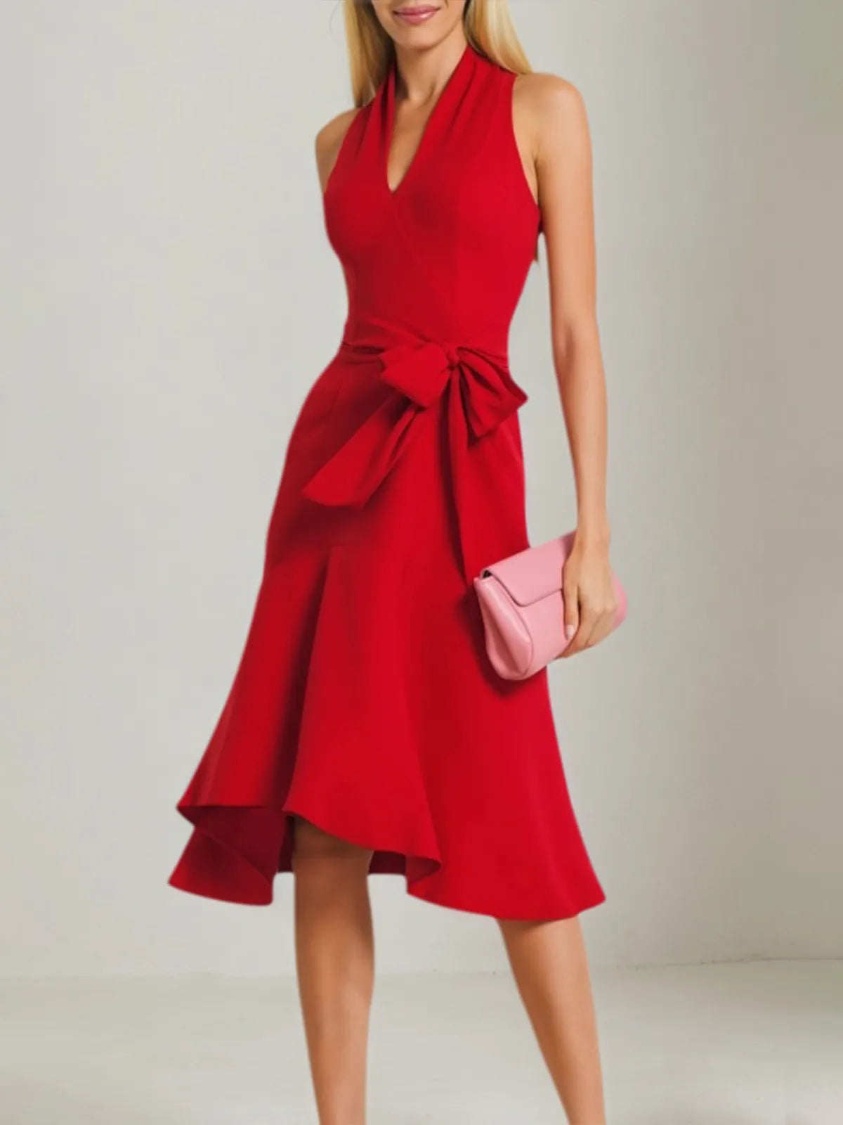 Cocktail Party Red V Neck Lace Up Knee Length Dress
