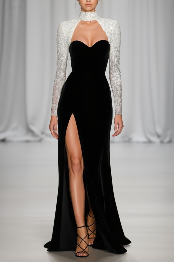 Evening Dress Set Black Strapless Velvet Slit Maxi Dress with Sequin Bolero