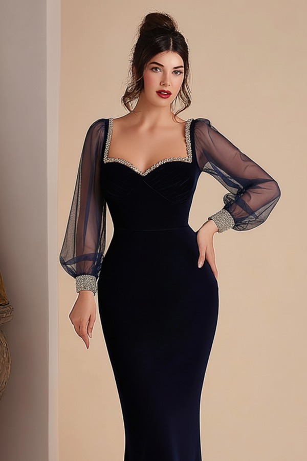Formal Evening Dress Black Sweetheart Neck Long Sleeve Maxi Dress