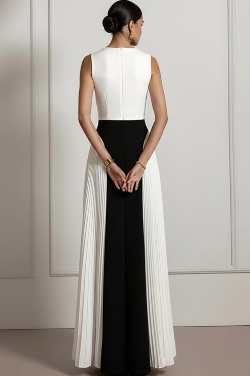 White Formal Evening Dress Notched Round Neck Pleated Maxi Dress