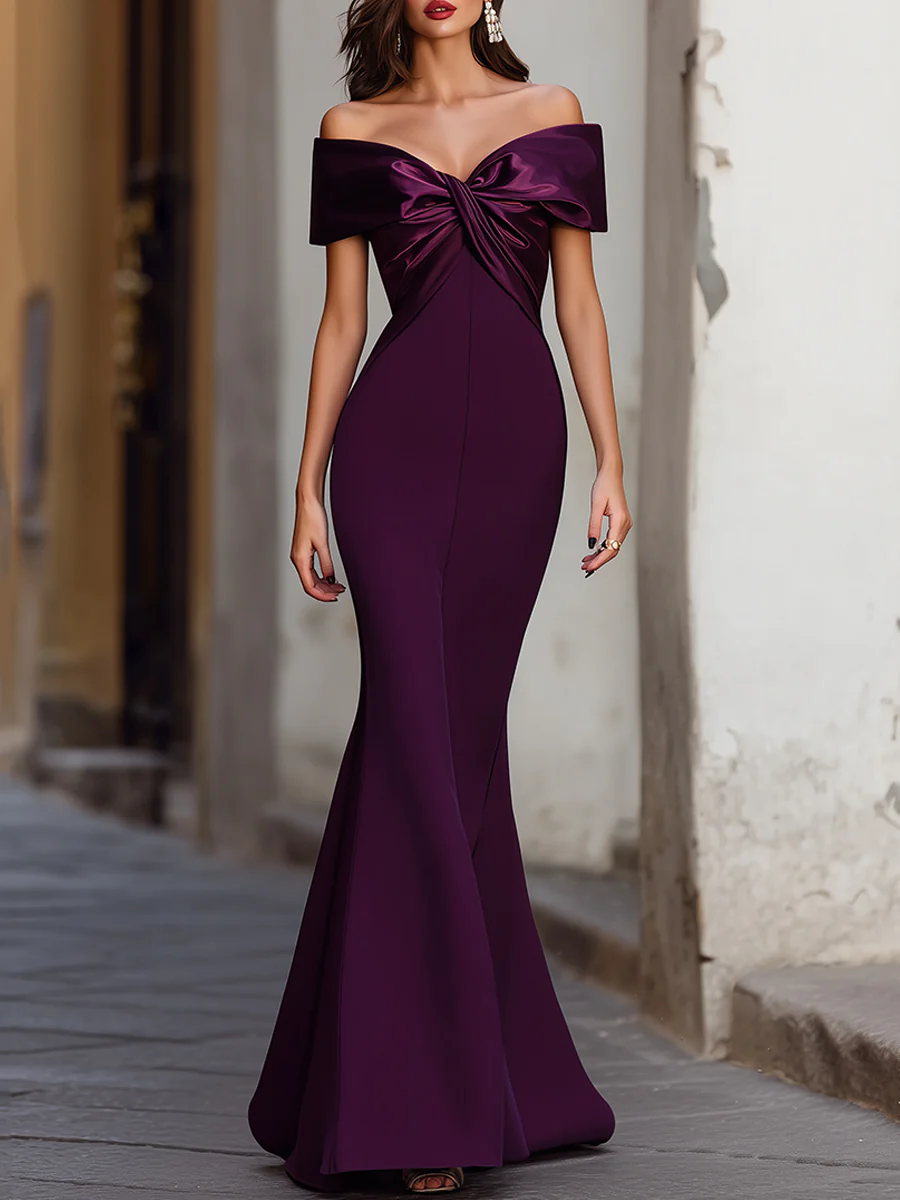 Purple Elegant Off-Shoulder Satin Bow Mermaid Evening Gown
