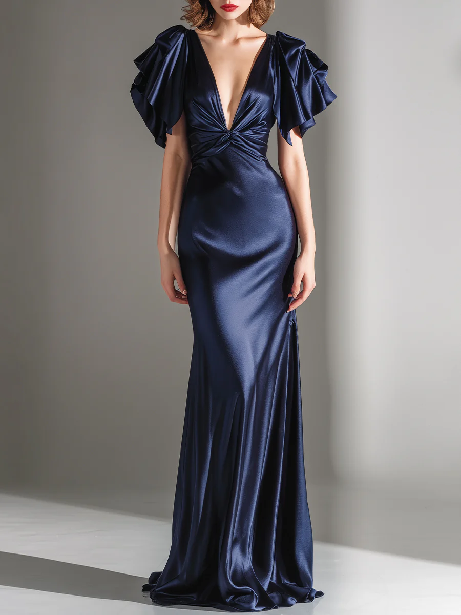 Navy Blue Statement Pleated-Sleeve Deep V Knot-Front Evening Gown