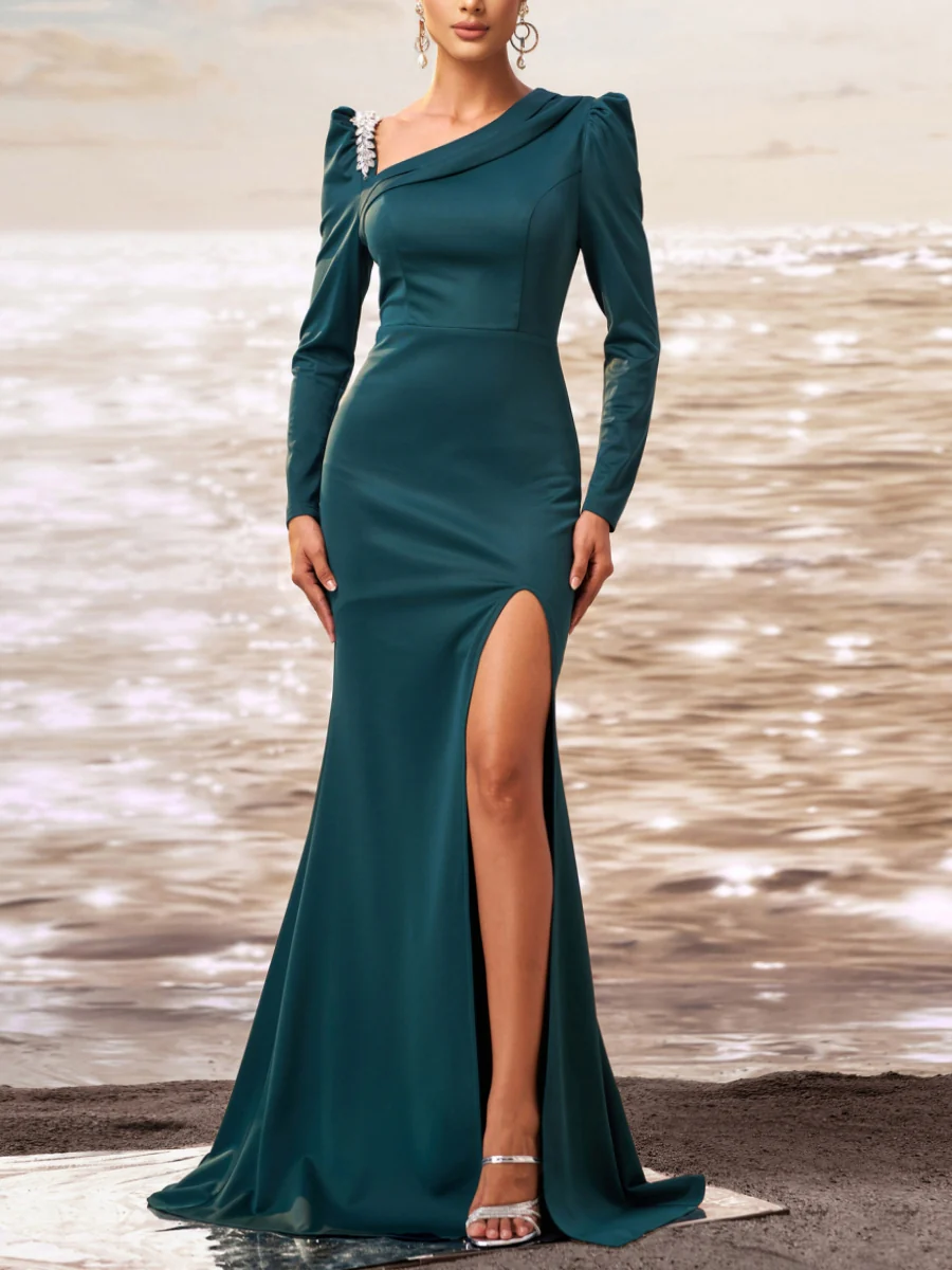 Trumpet/Mermaid Asymmetrical Collar Evening Dresses with Split Side Stretch Satin Floor-Length Long Sleeves Party Dresses