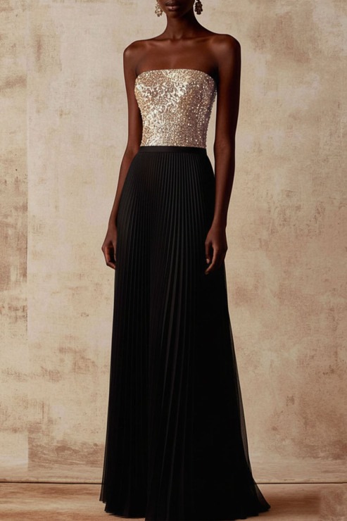 Golden Formal Evening Dress Strapless Sequin Pleated Maxi Dress