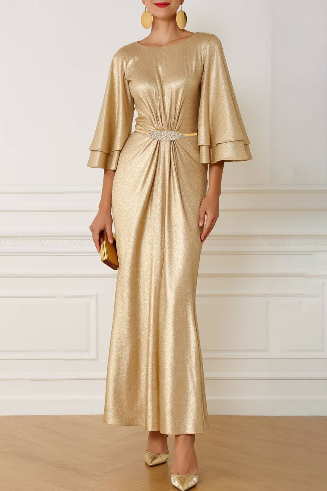Formal Party Dress Gold Round Neck Ruffle Sleeve Belted Maxi Dress