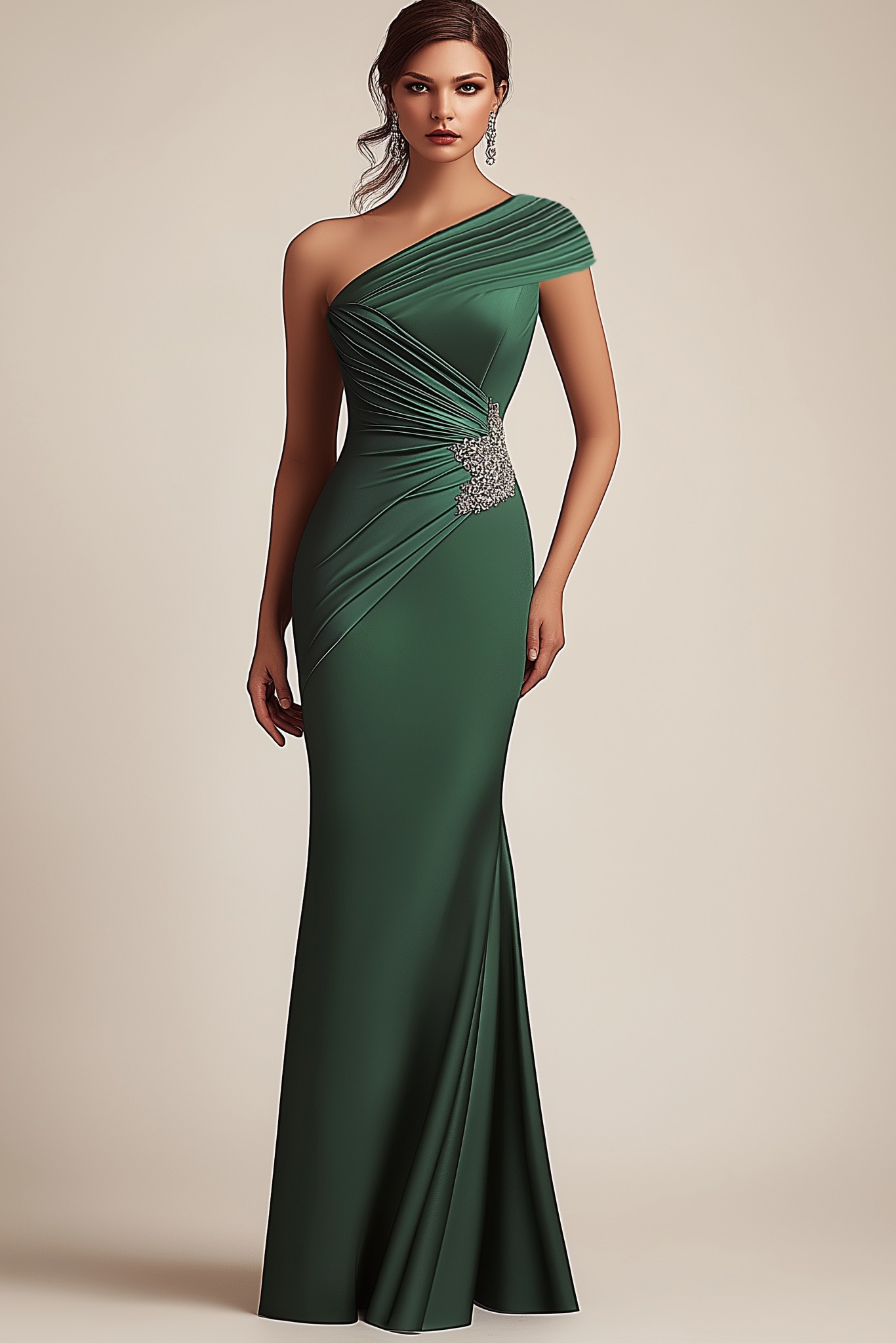 Formal Evening Dress Green One Shoulder Pleated Rhinestone Maxi Gown