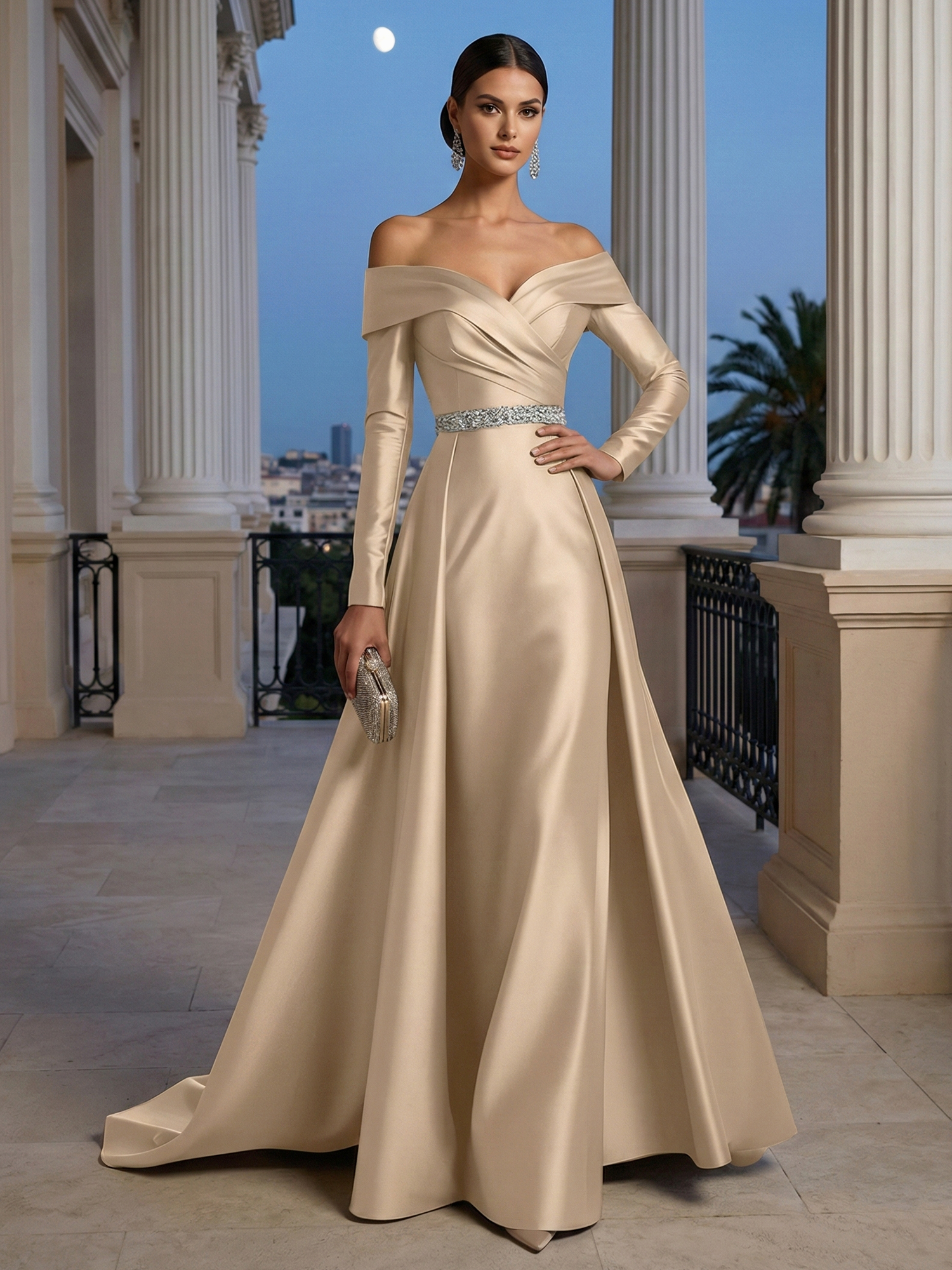 Formal Gold Satin Dress Off The Shoulder Long Sleeve Maxi Gown