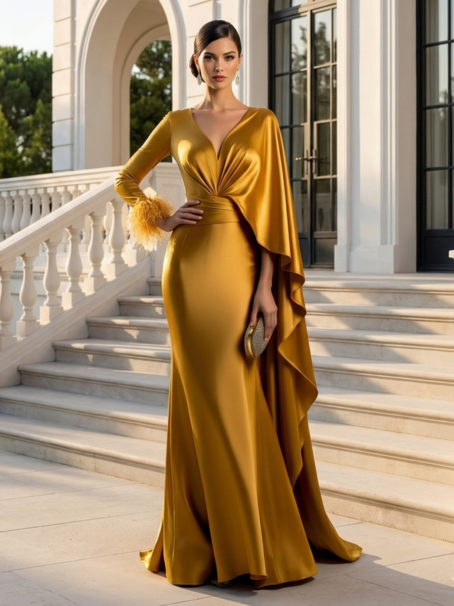 Evening Formal Gold Satin Dress V Neck Long Sleeve Cape Maxi Gown