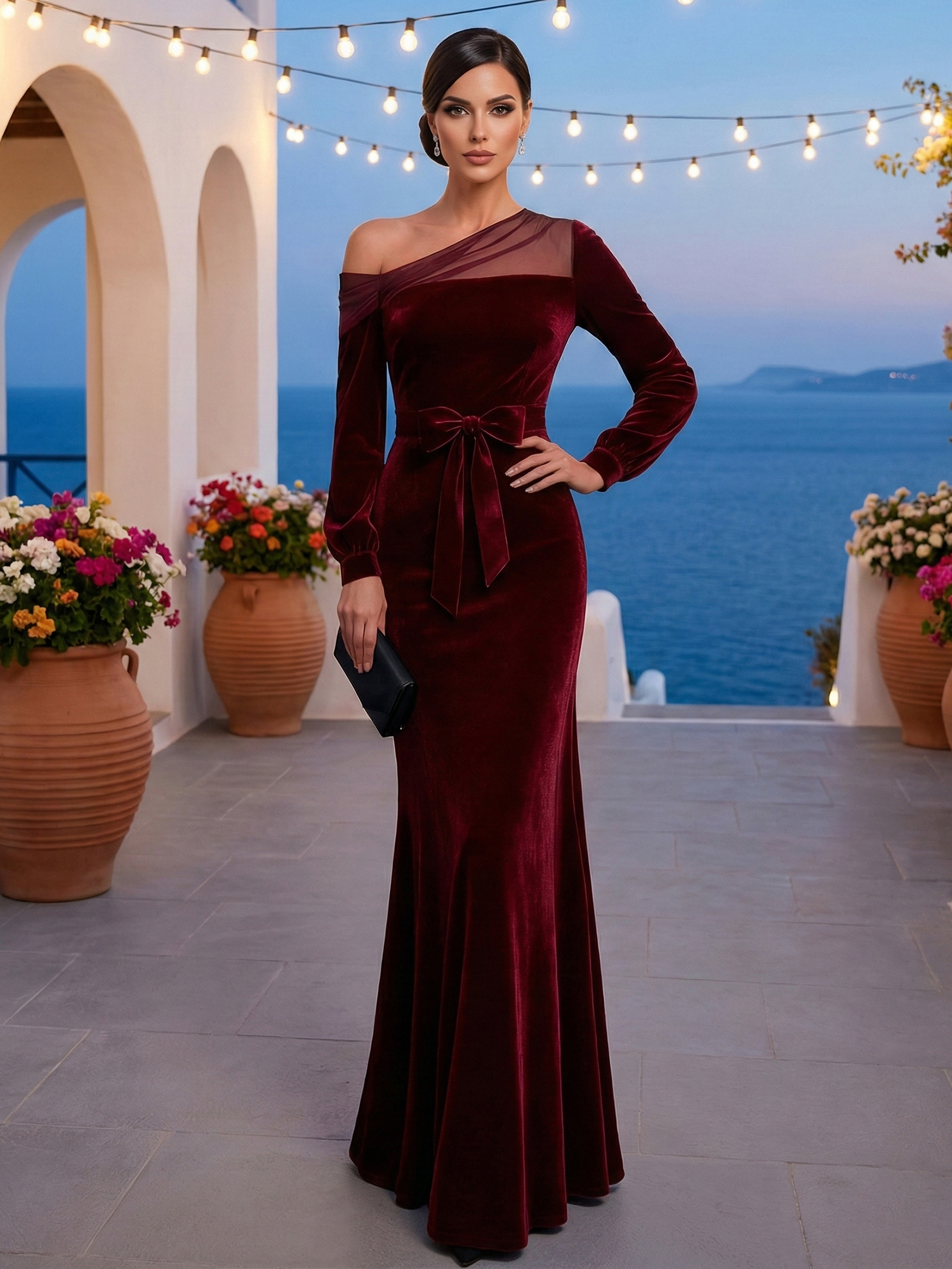 Evening Formal Dress Burgundy One Shoulder Velvet Maxi Dress